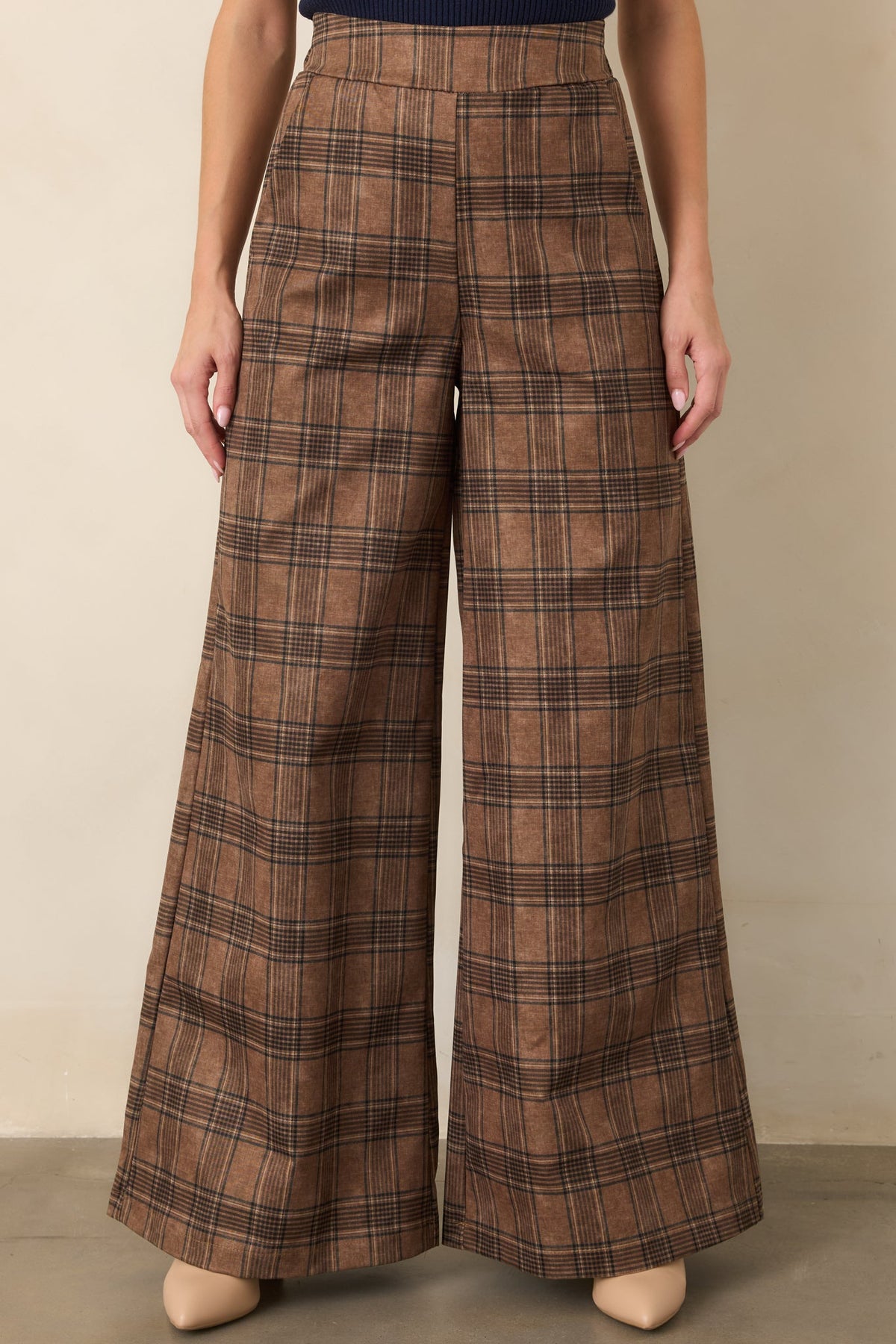 Astrid Mitchel Brown Plaid High Rise Wide Leg Pants
