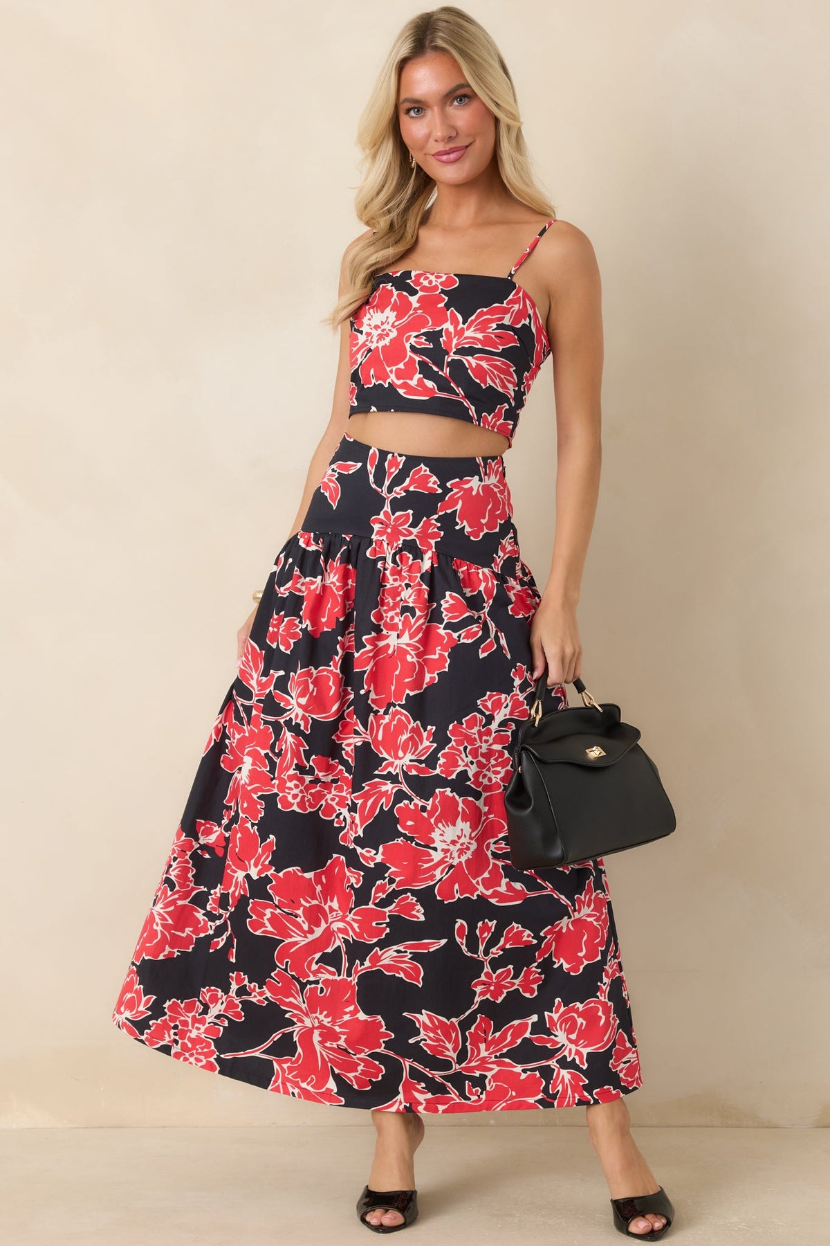 Must Be Dreaming Black & Red Floral Cotton Maxi Skirt