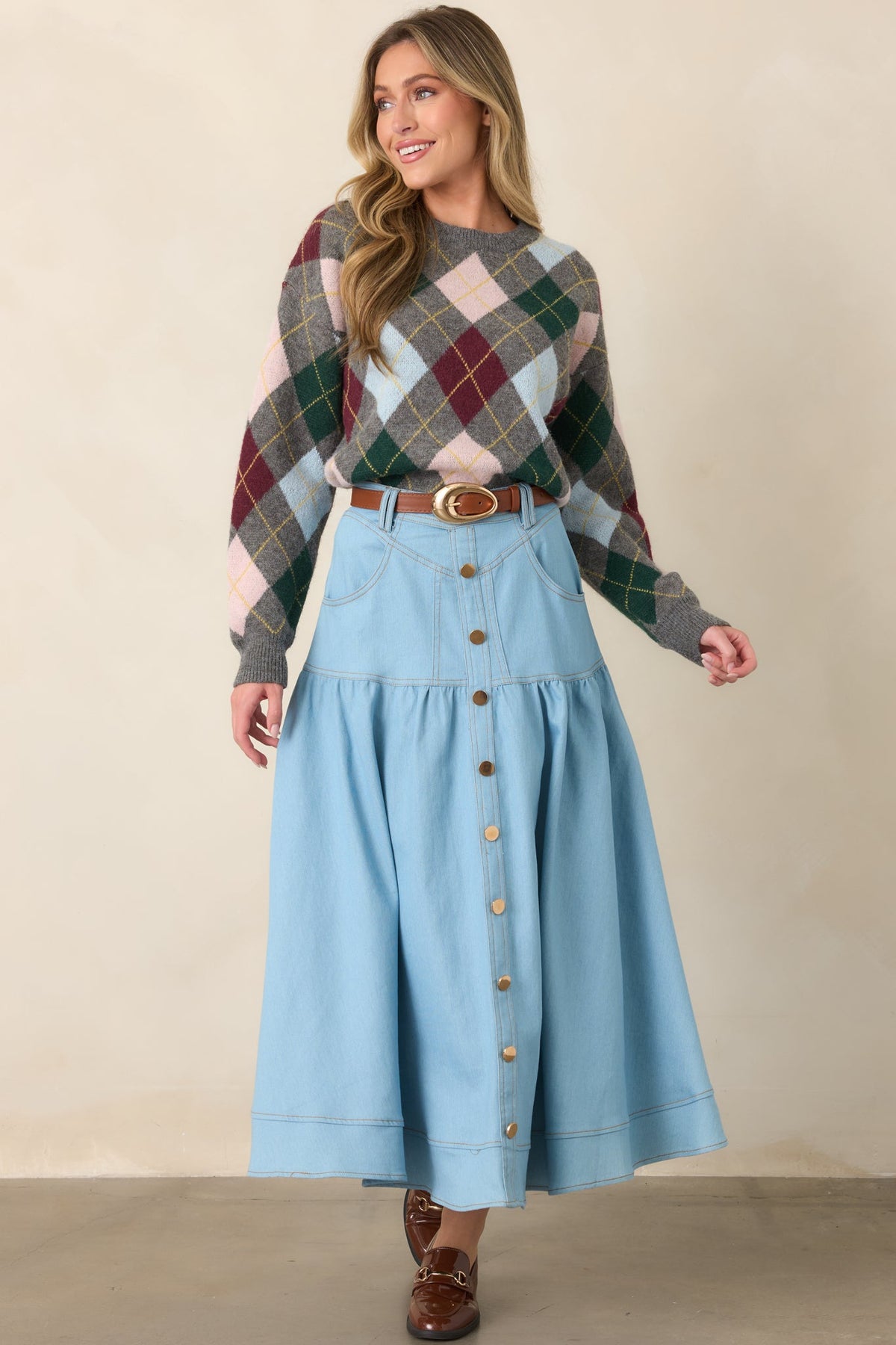 Town & Country Light Wash Denim Button-Down Maxi Skirt