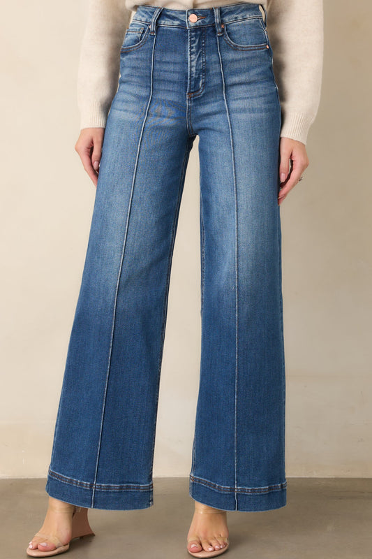 Make Your Point Medium Wash High Rise Pintuck Wide Leg Jeans