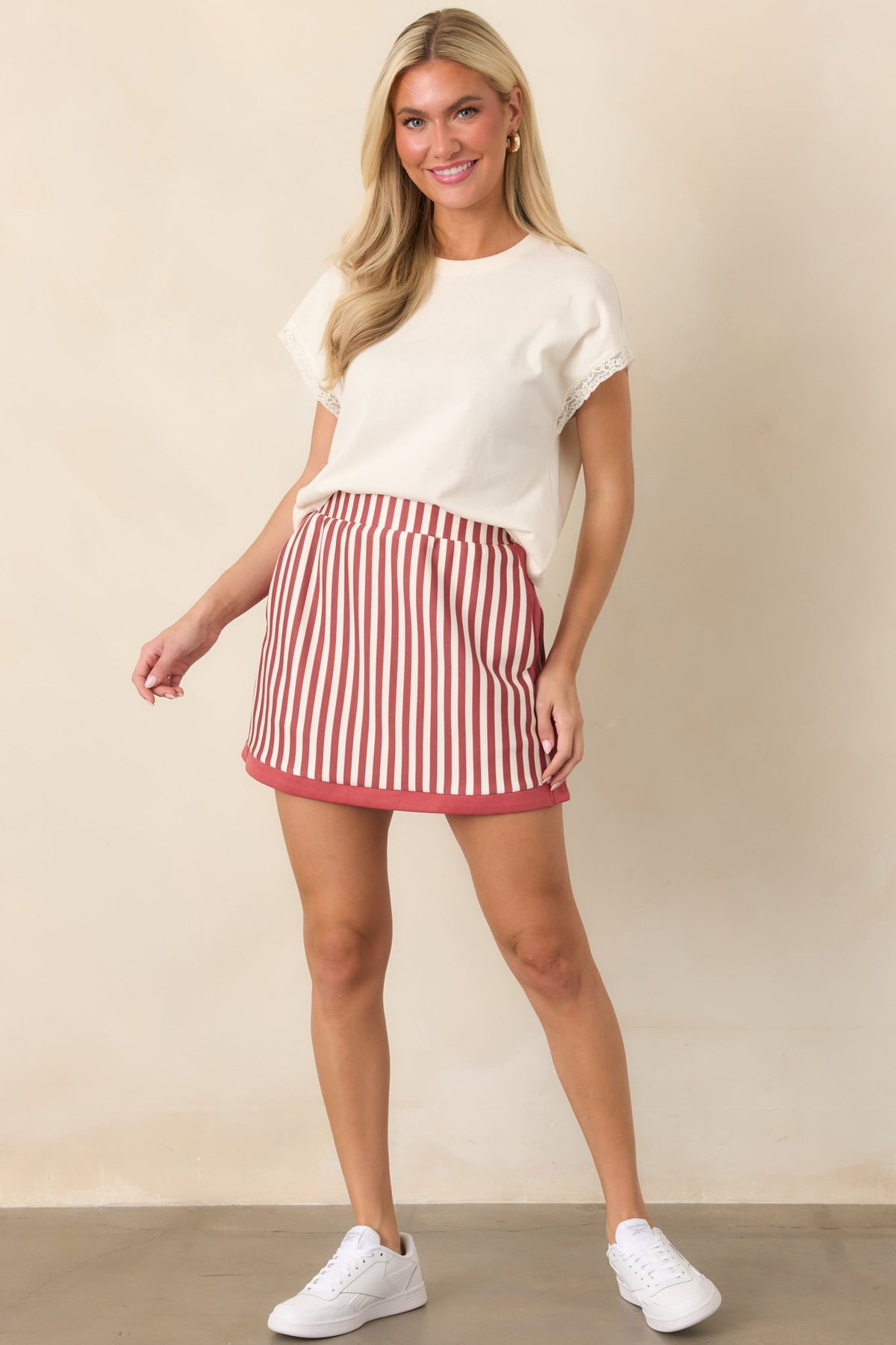In the Lineup Terracotta & Ivory Stripe Mini Skort