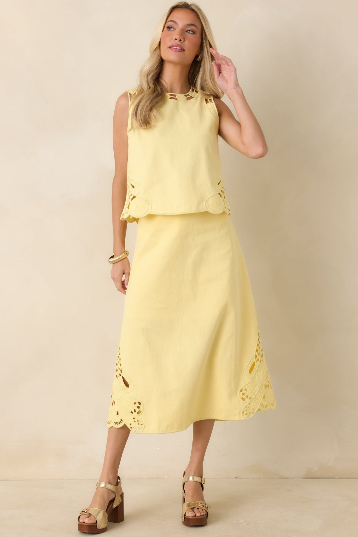 Just Imagine Yellow Cotton Cutwork Embroidery Midi Skirt