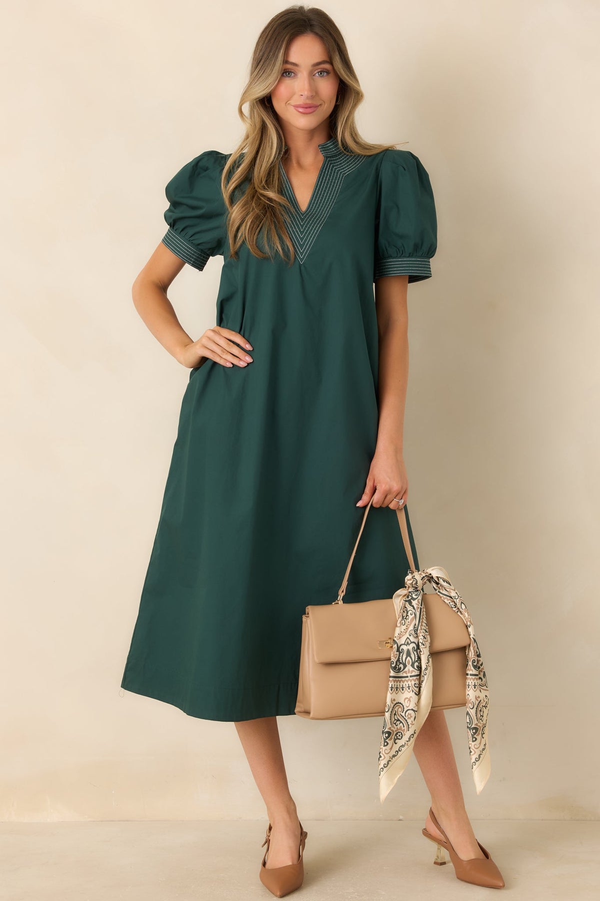 She Makes a Strong Point Hunter Green Contrast Stitch Cotton Midi Dress