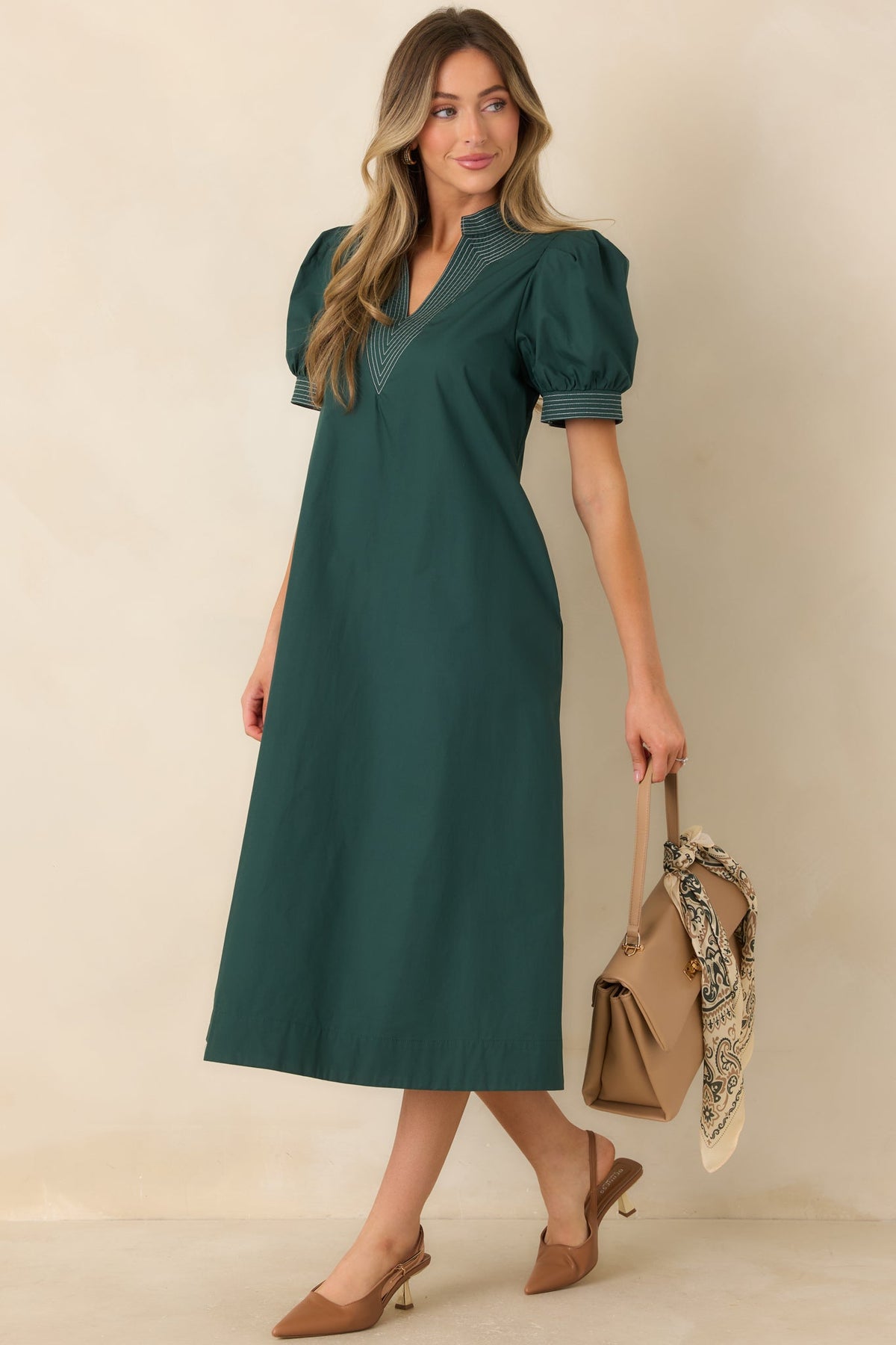She Makes a Strong Point Hunter Green Contrast Stitch Cotton Midi Dress