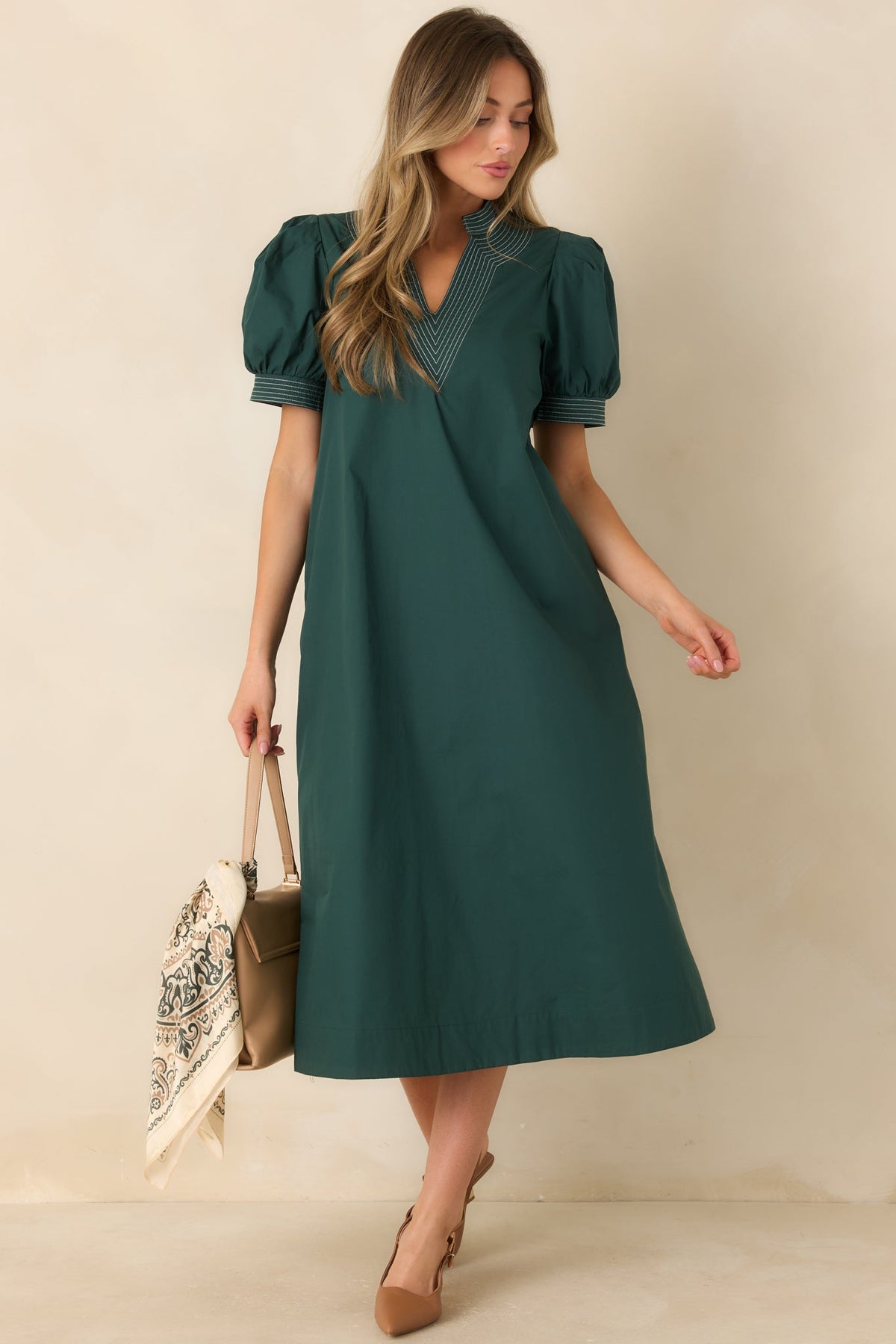 She Makes a Strong Point Hunter Green Contrast Stitch Cotton Midi Dress