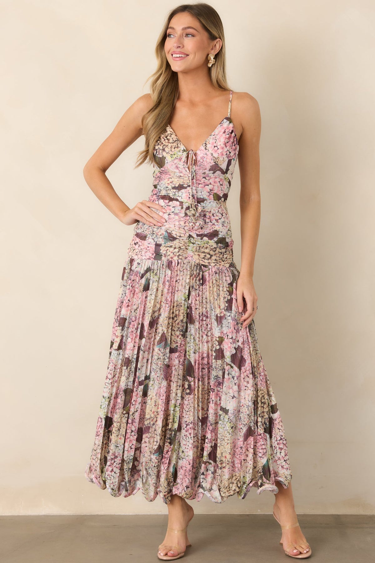 En Saison Kelsey Blush Pink Multi Floral Ruched Maxi Dress