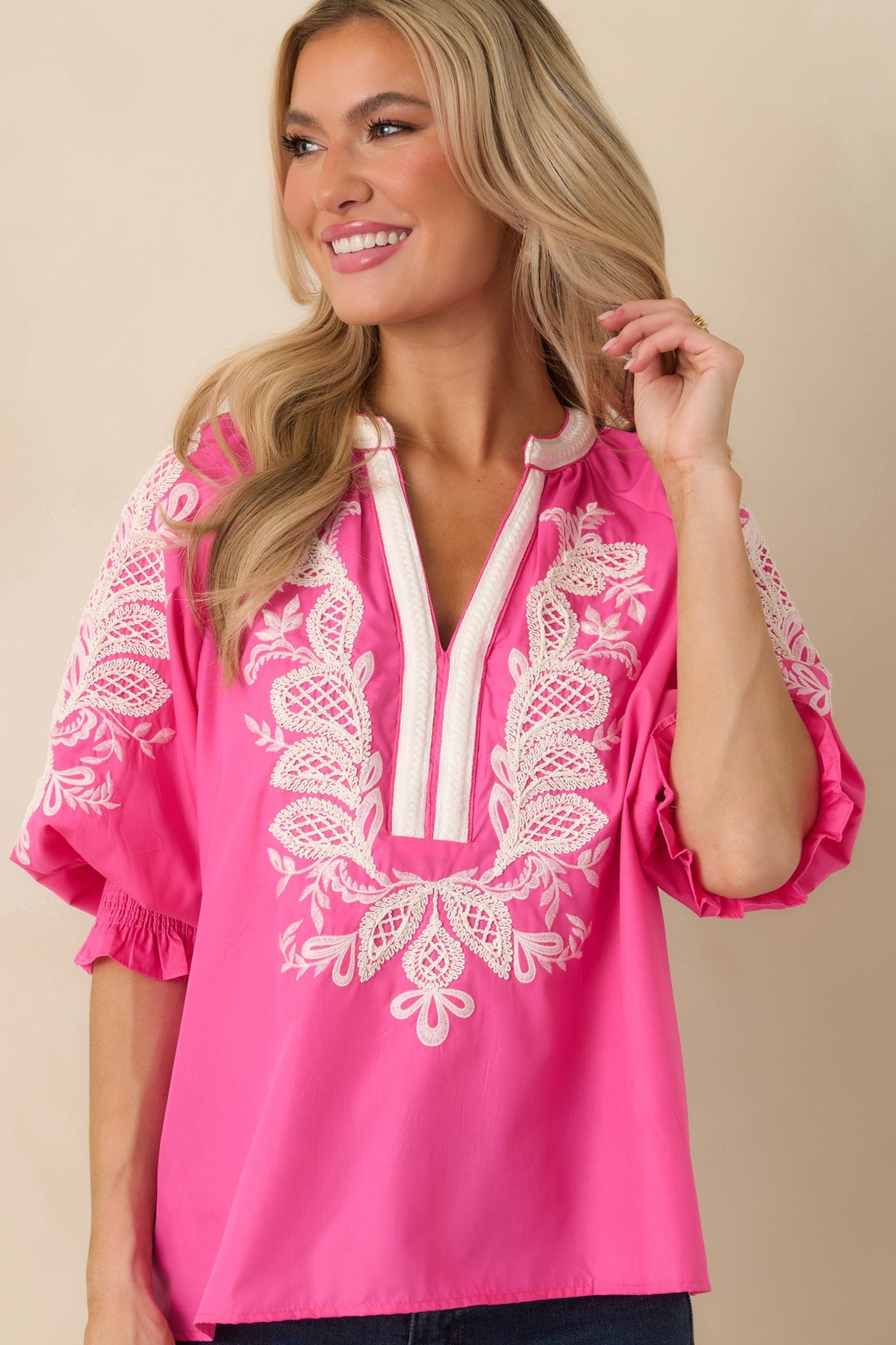 Simple Joys Pink Embroidered V-Neck Puff Sleeve Top