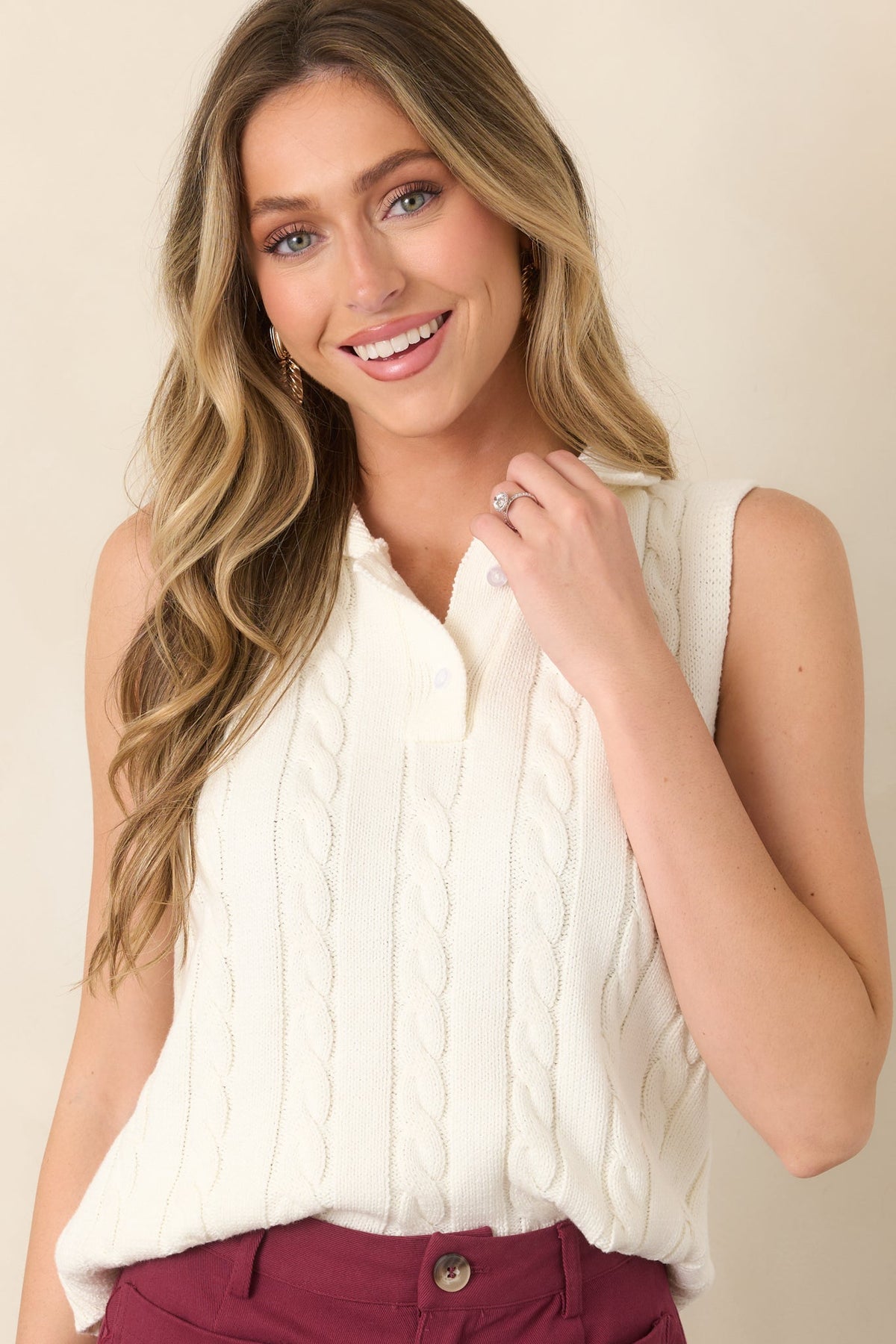 In No Particular Order Ivory Cotton Cable Knit Sweater Vest