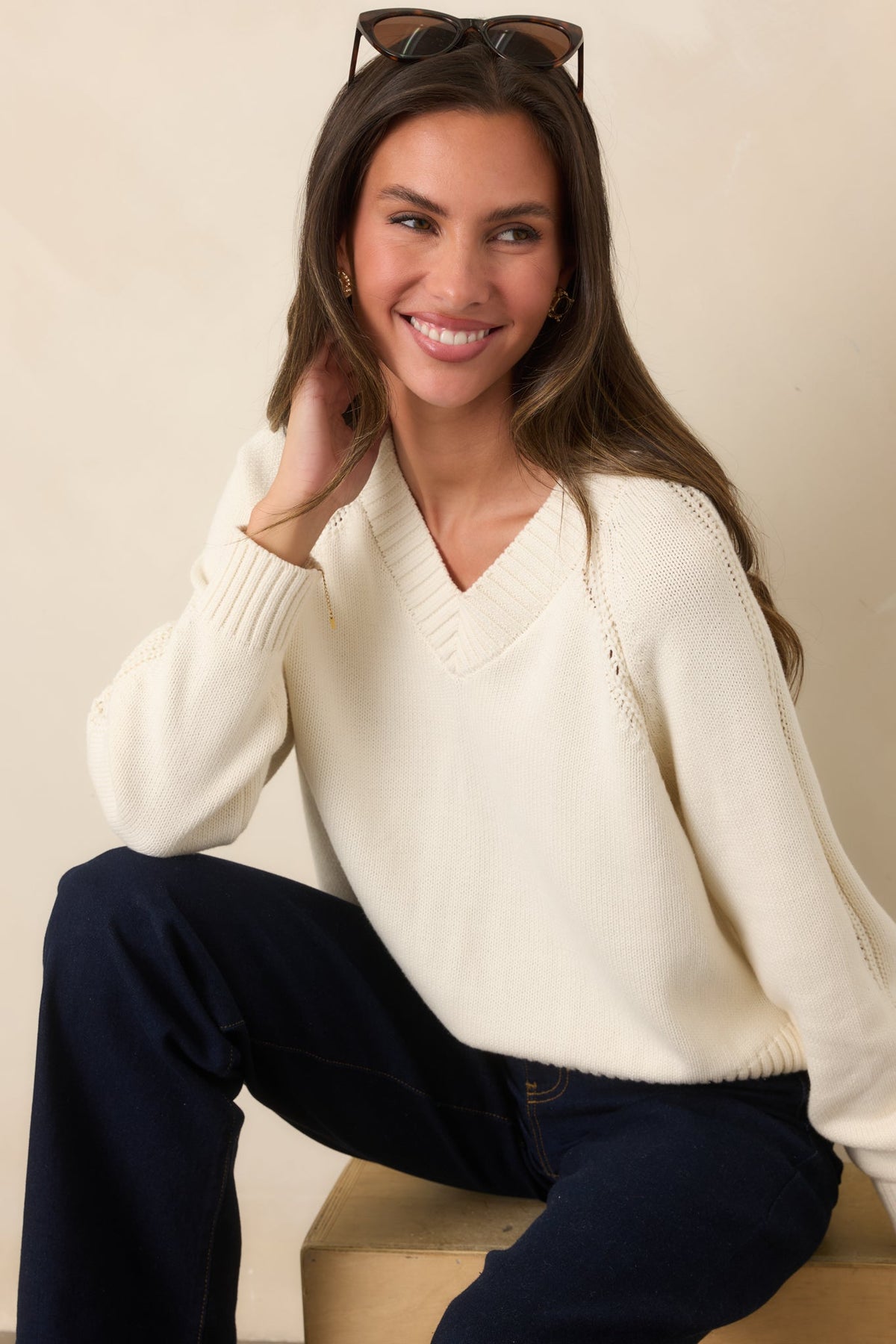 Z Supply Stratton Ivory Knit Cotton V-Neck Sweater