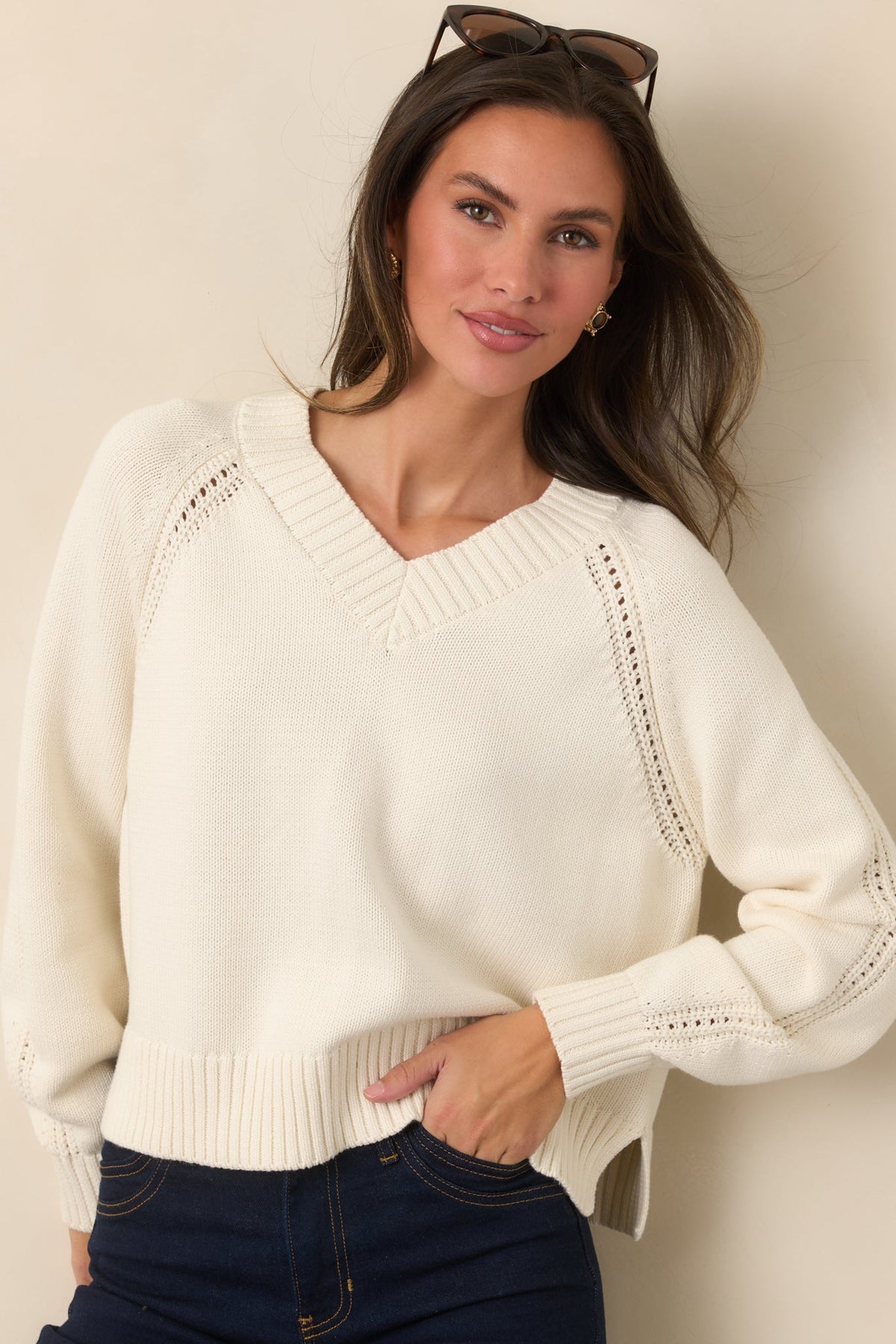 Z Supply Stratton Ivory Knit Cotton V-Neck Sweater