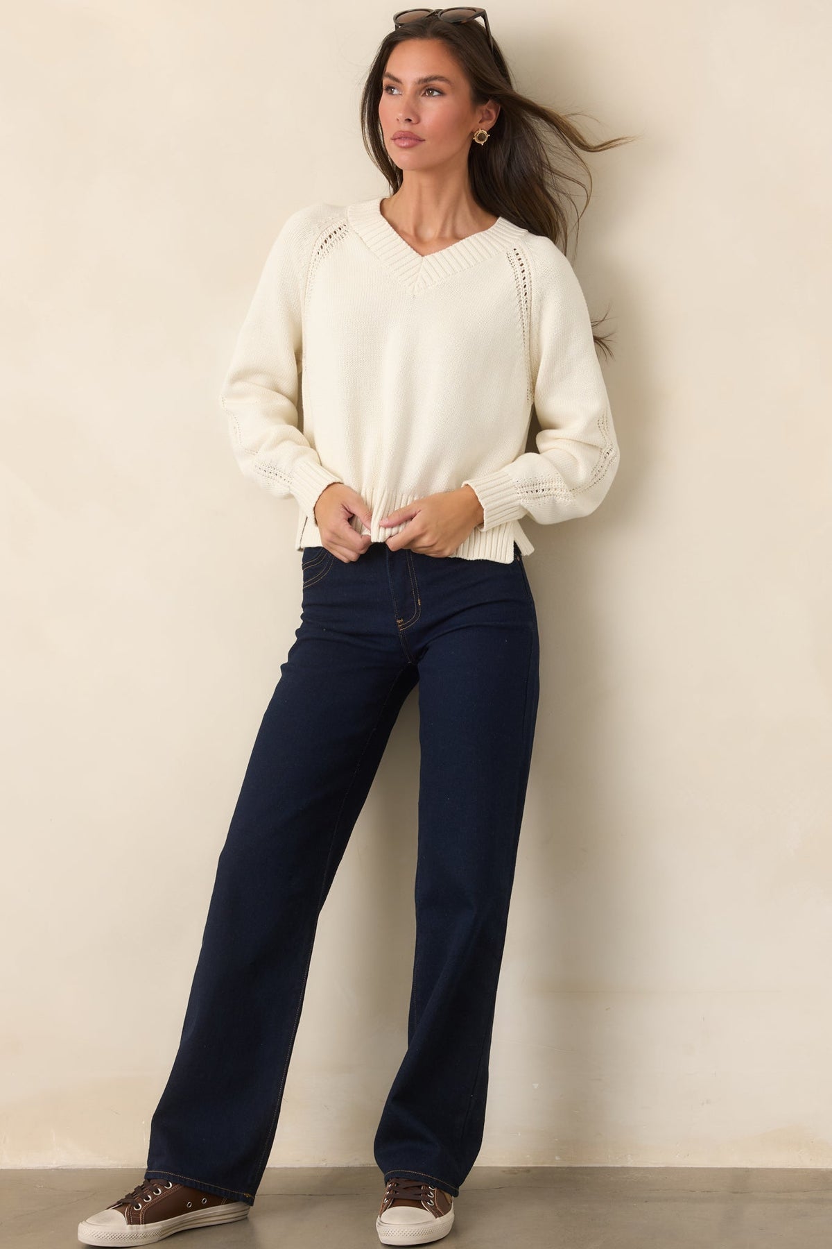 Z Supply Stratton Ivory Knit Cotton V-Neck Sweater