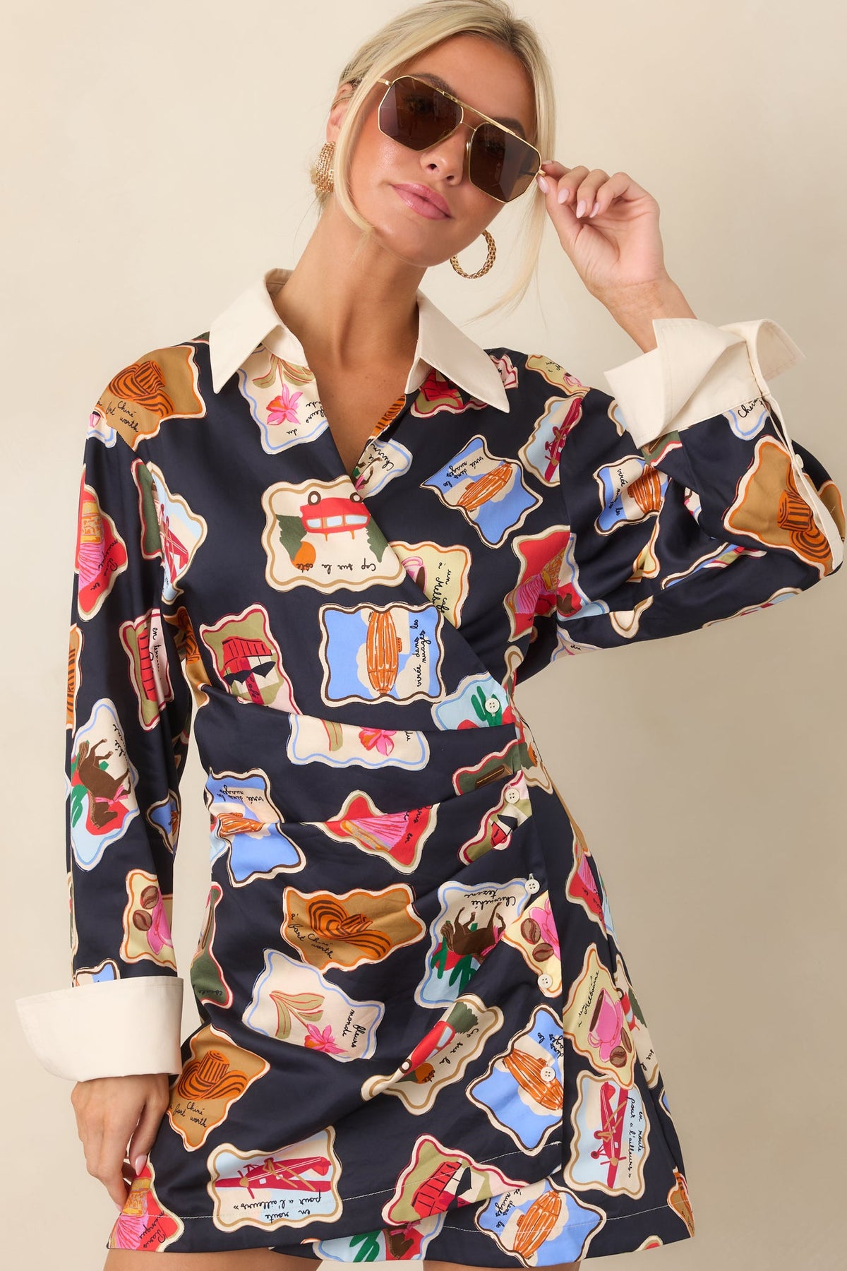 FRNCH Whitby Midnight Blue Multi Stamp Wrap Front Mini Shirt Dress