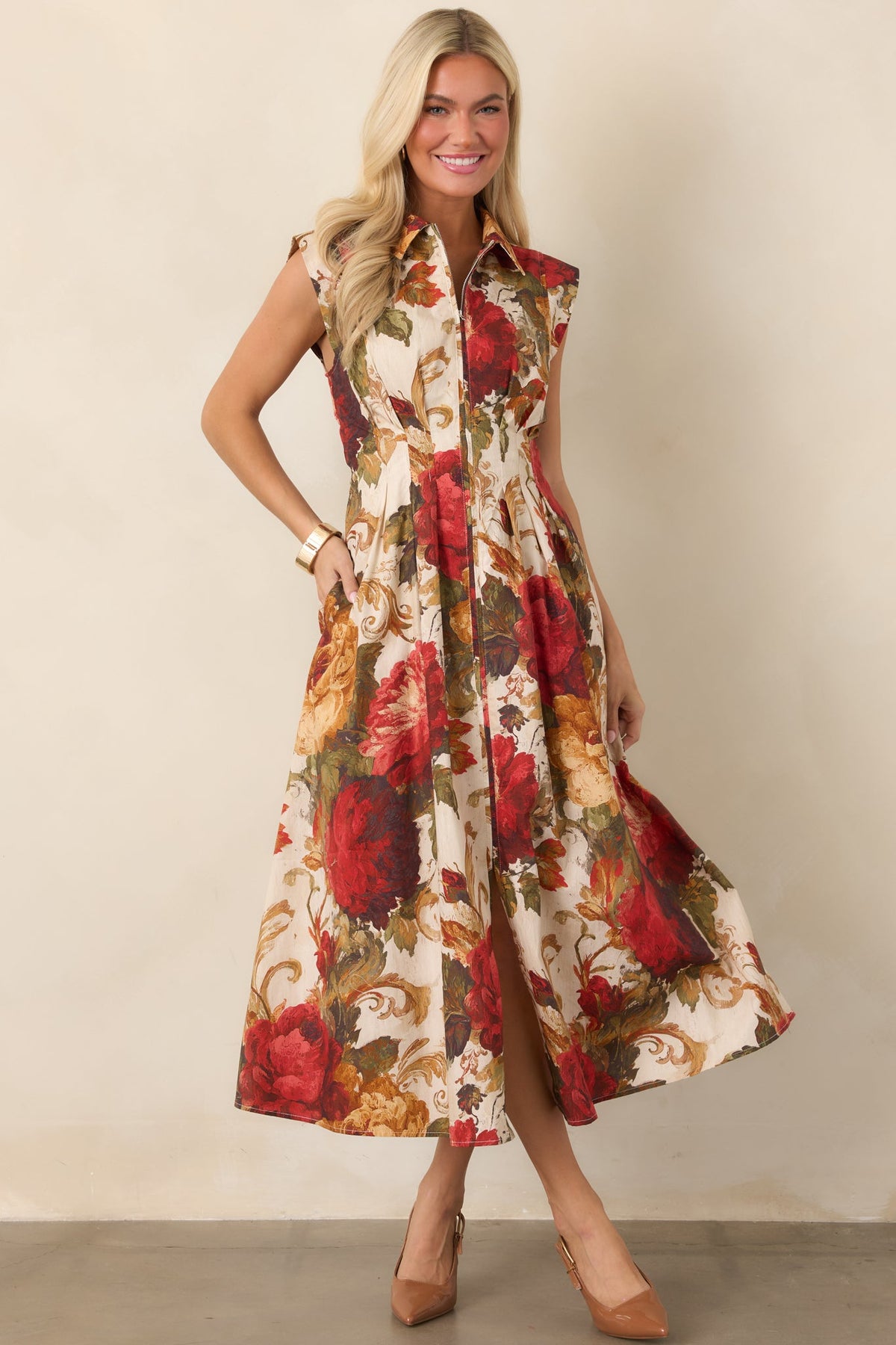 Garden Whispers Ivory & Red Floral Cotton Zip Front Midi Dress