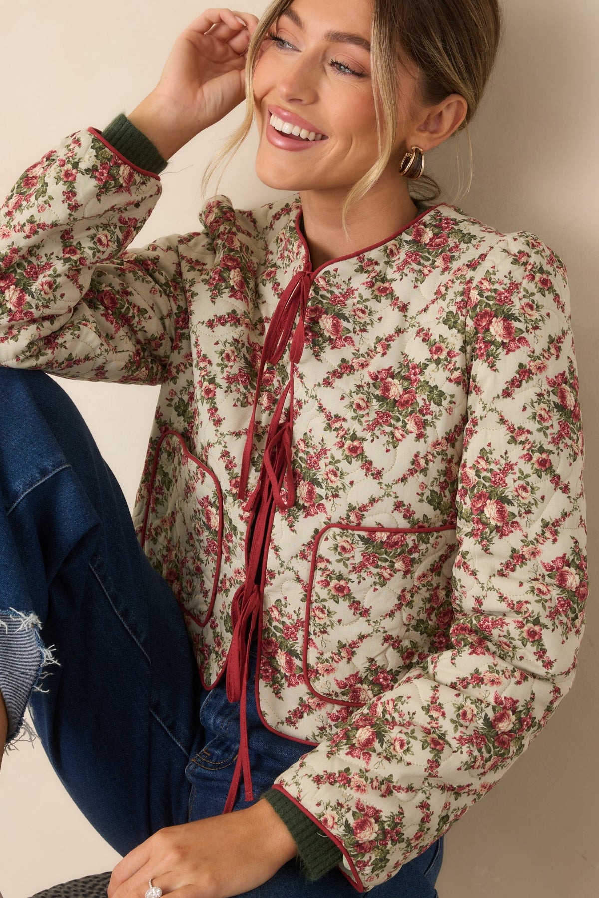 Winter Rose Ivory Multi Floral Pattern Tie Front Quilted Jacket