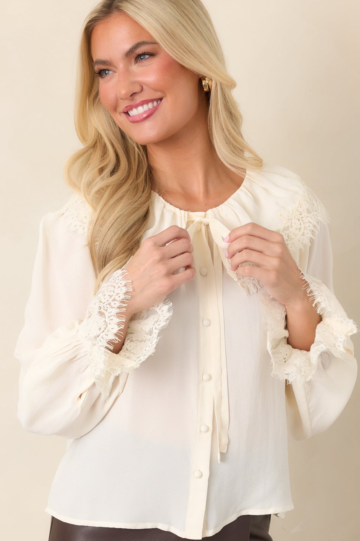 ASTR the Label Emberly Ivory Lace Trim Blouse