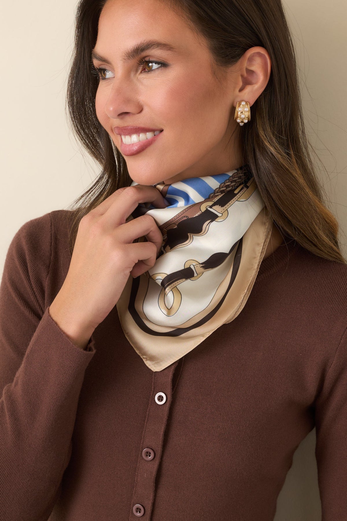 Wherever You Lead Beige & Blue Equestrian Print Square Scarf