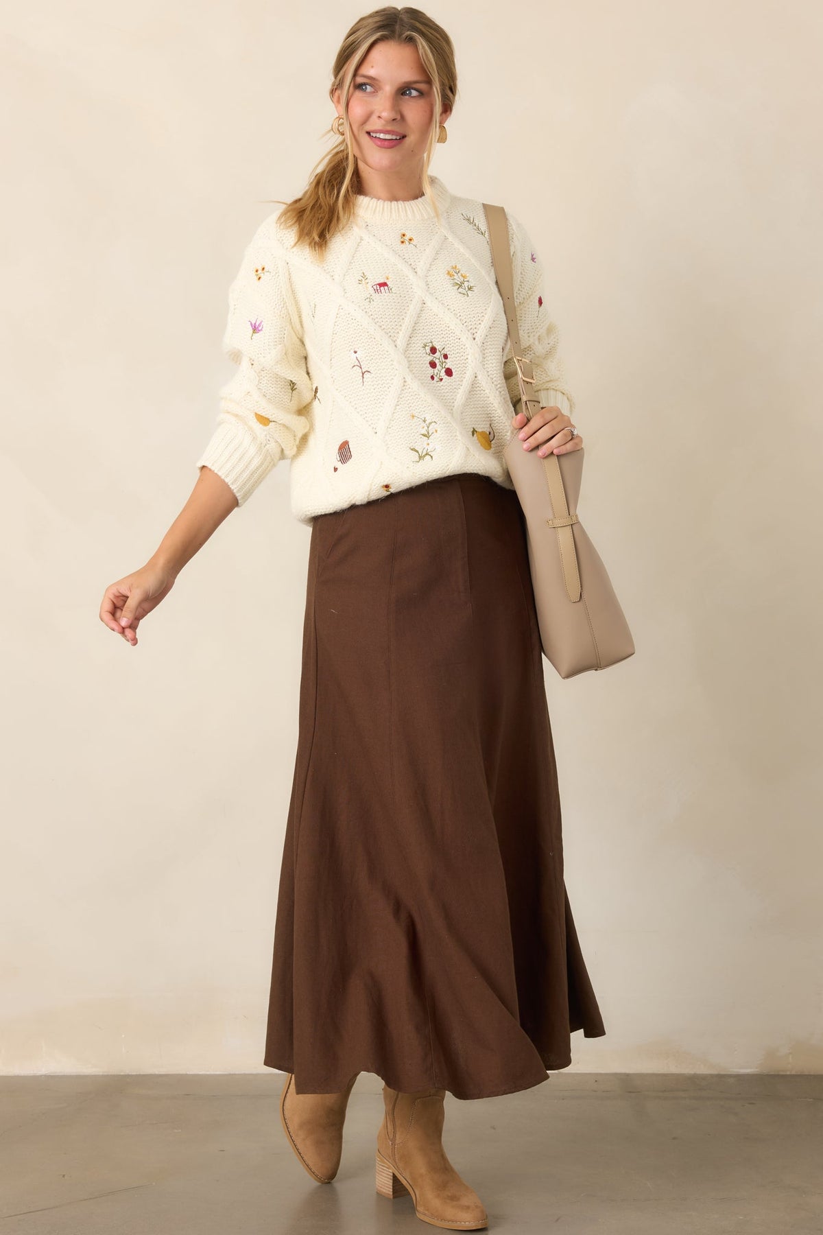 ASTR the Label Rose Ivory Embroidered Diamond Knit Sweater