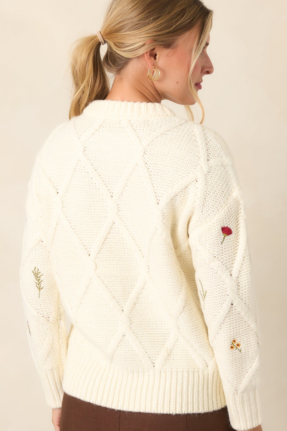 ASTR the Label Rose Ivory Embroidered Diamond Knit Sweater