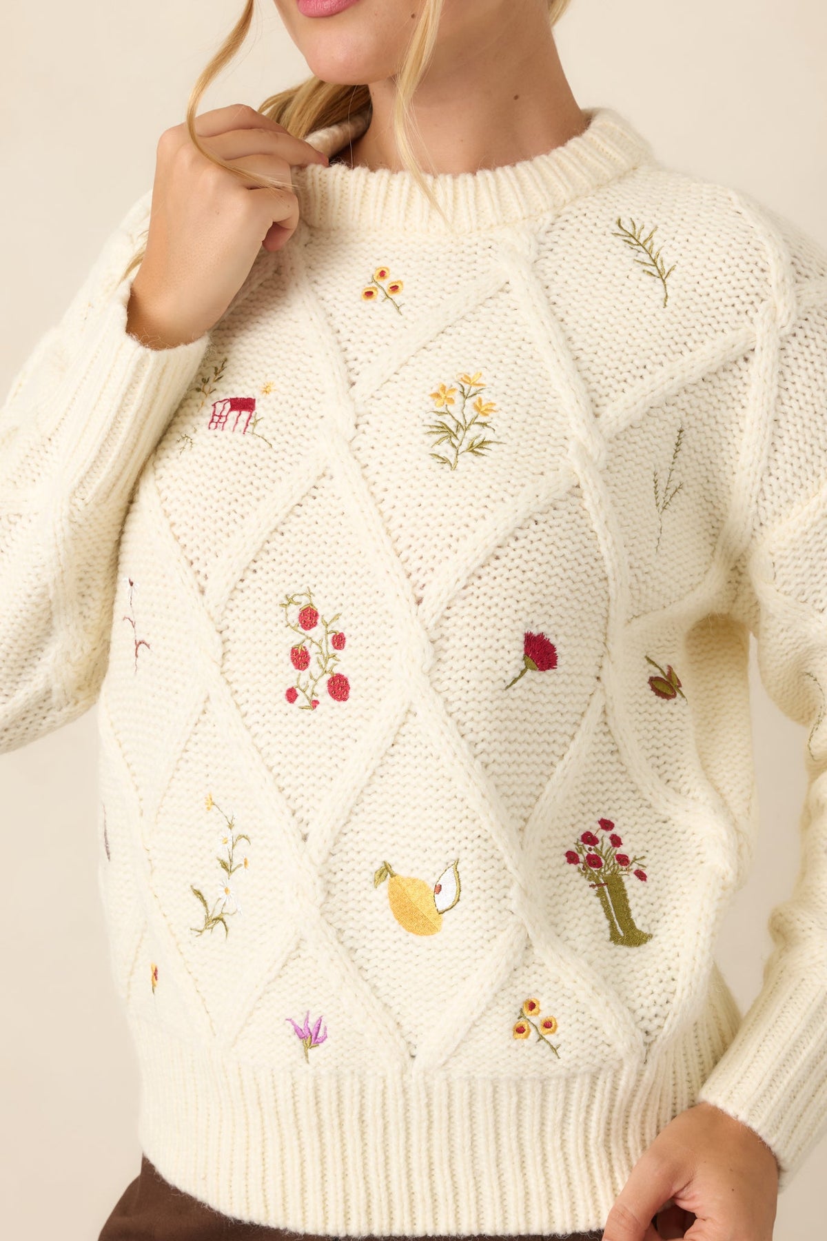 ASTR the Label Rose Ivory Embroidered Diamond Knit Sweater