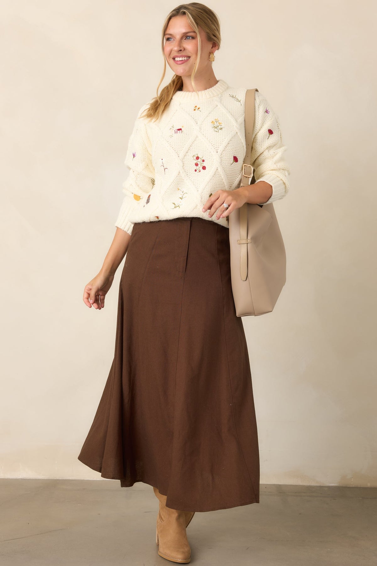 ASTR the Label Rose Ivory Embroidered Diamond Knit Sweater