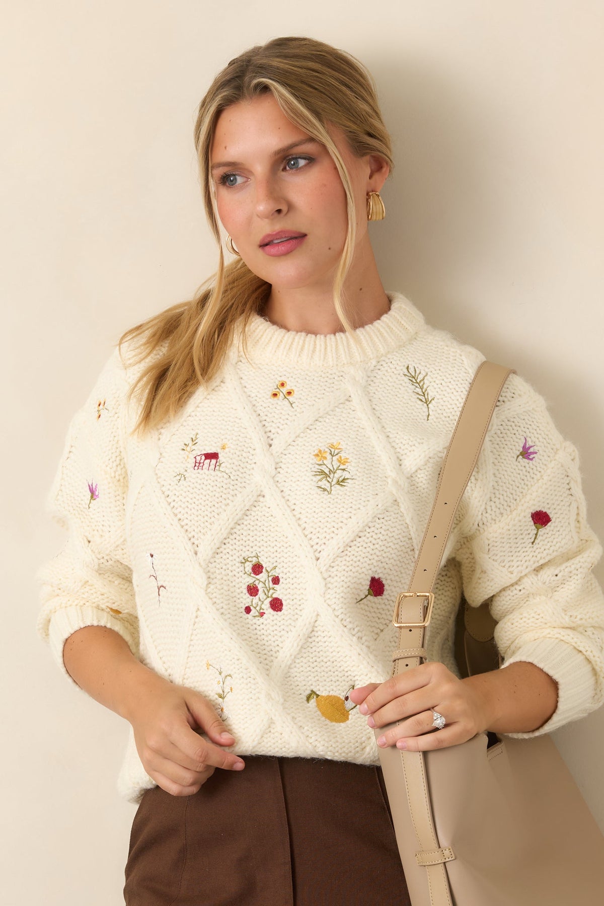 ASTR the Label Rose Ivory Embroidered Diamond Knit Sweater