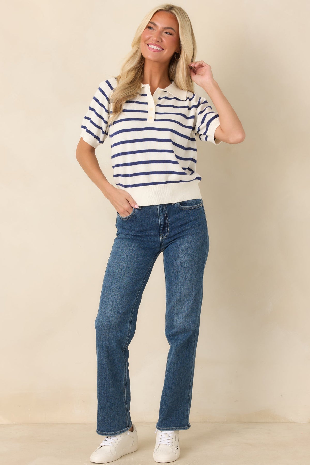 Worth Repeating Ivory & Navy Striped Knit Polo Top