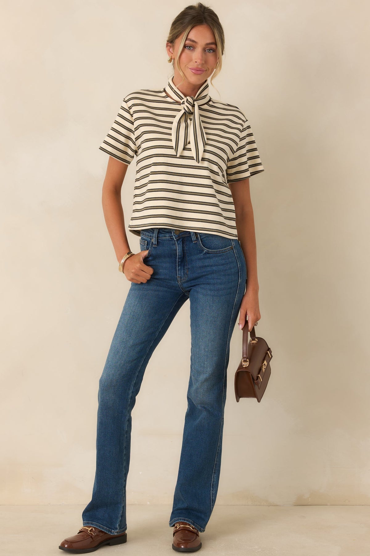 Easy Company Olive & Ivory Striped Cotton Tee