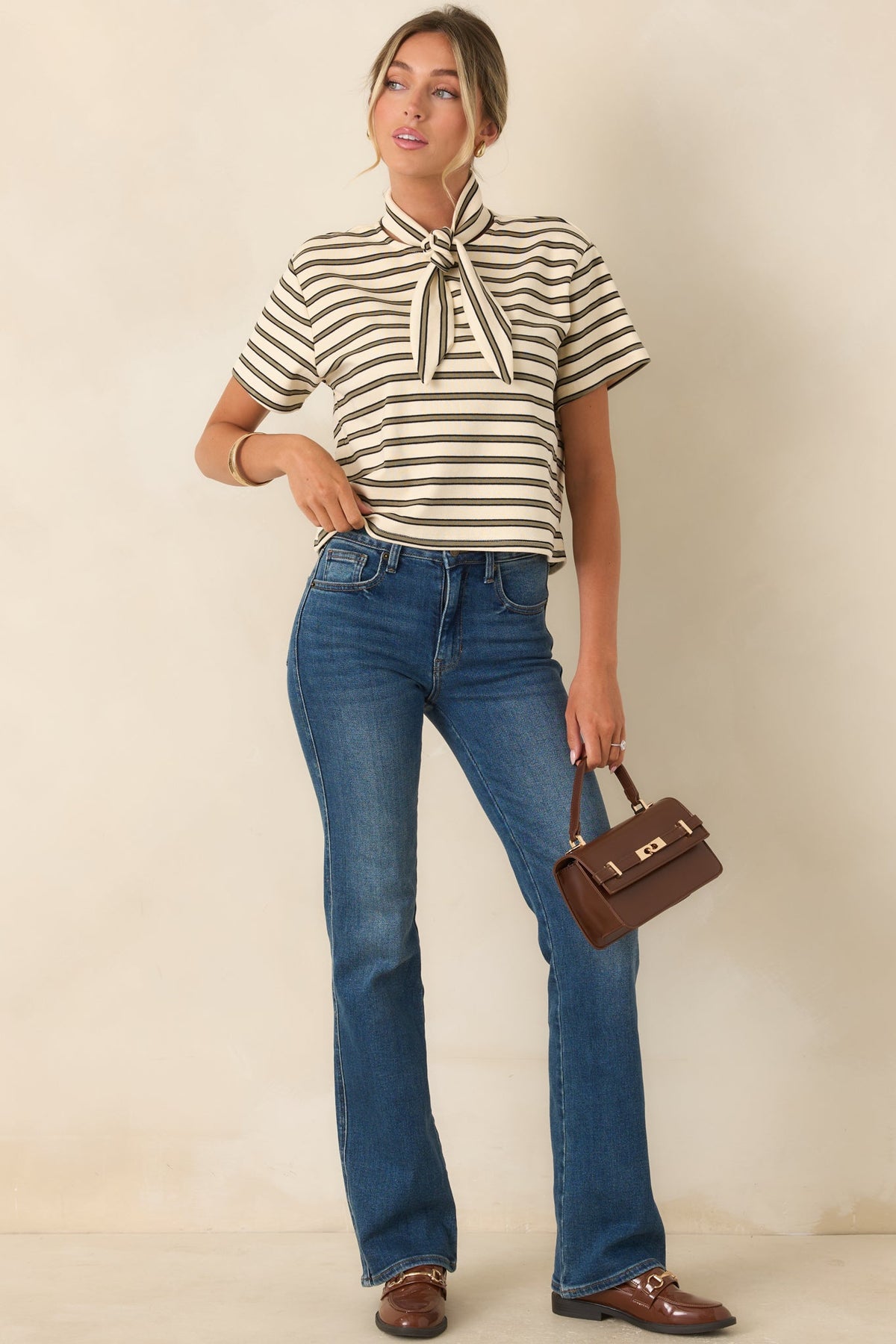 Easy Company Olive & Ivory Striped Cotton Tee