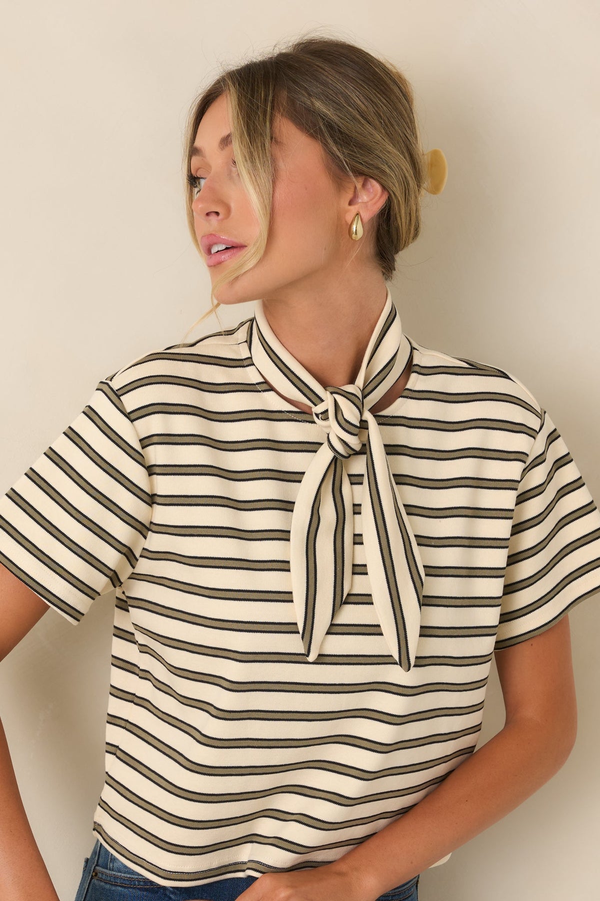 Easy Company Olive & Ivory Striped Cotton Tee