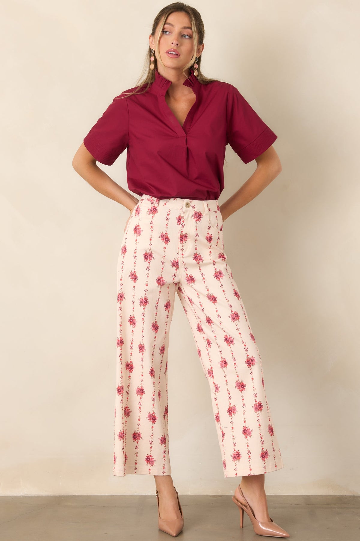 Rose Trellis Ivory Floral Cotton Wide Leg Pants