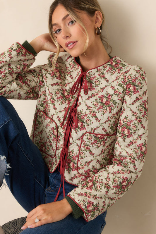 Winter Rose Ivory Multi Floral Pattern Tie Front Quilted Jacket