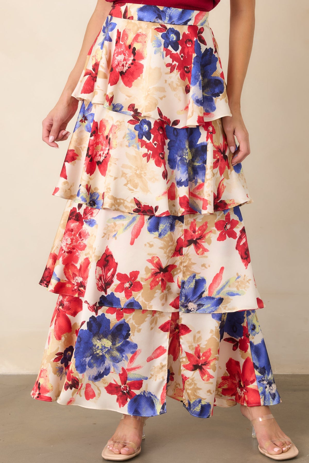 Flourish and Flow Ivory & Red Multi Floral Print Tiered Maxi Skirt