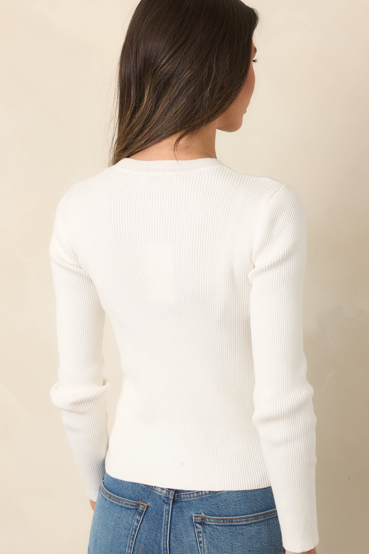 Prosperina Rory Ivory Ribbed Cotton Long Sleeve Top