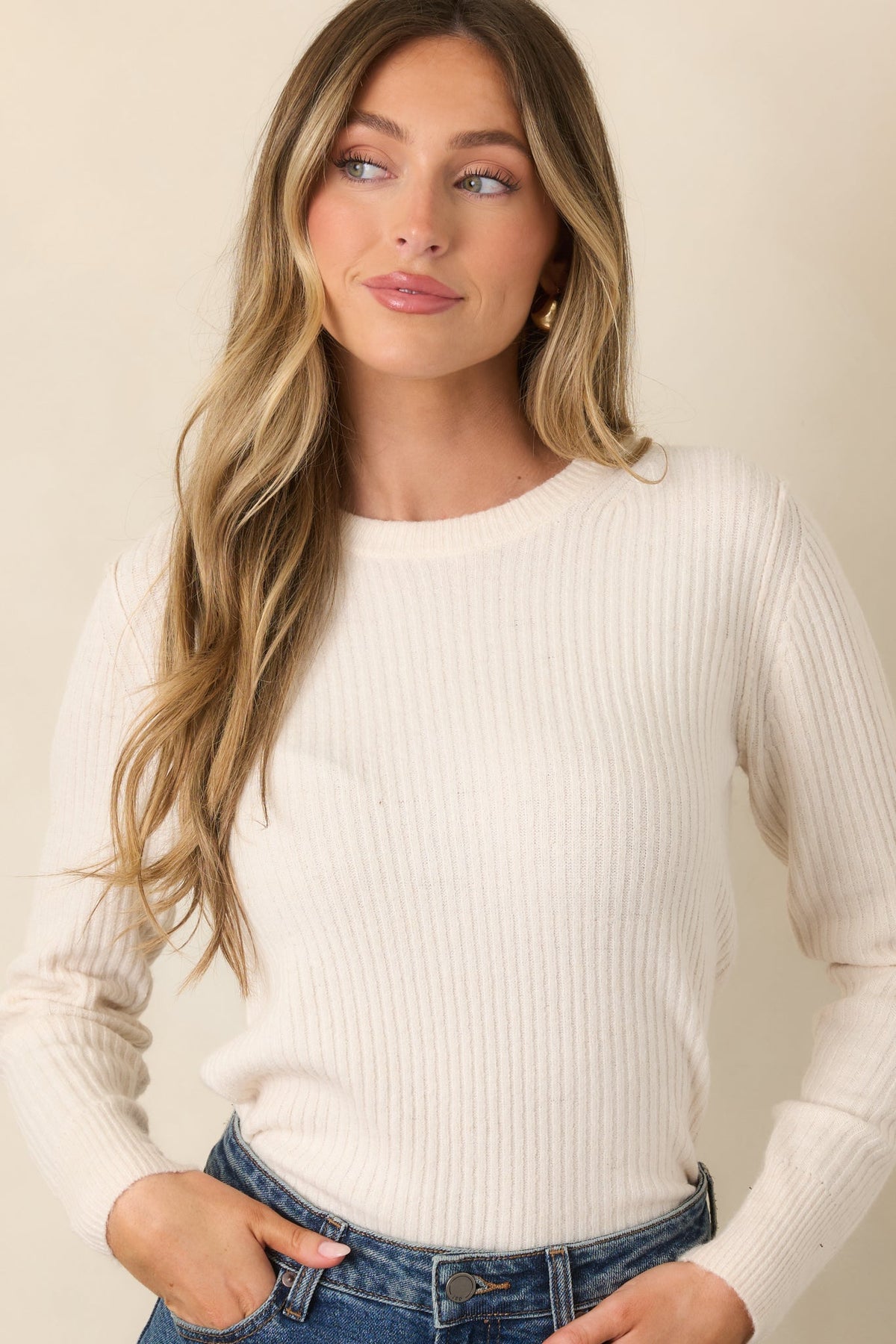 The Usual Plans Ivory Ribbed Crew Neck Sweater