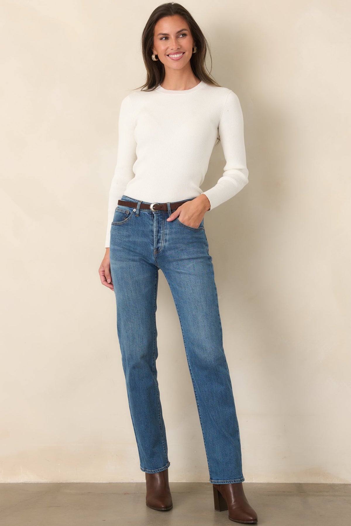 Prosperina Rory Ivory Ribbed Cotton Long Sleeve Top