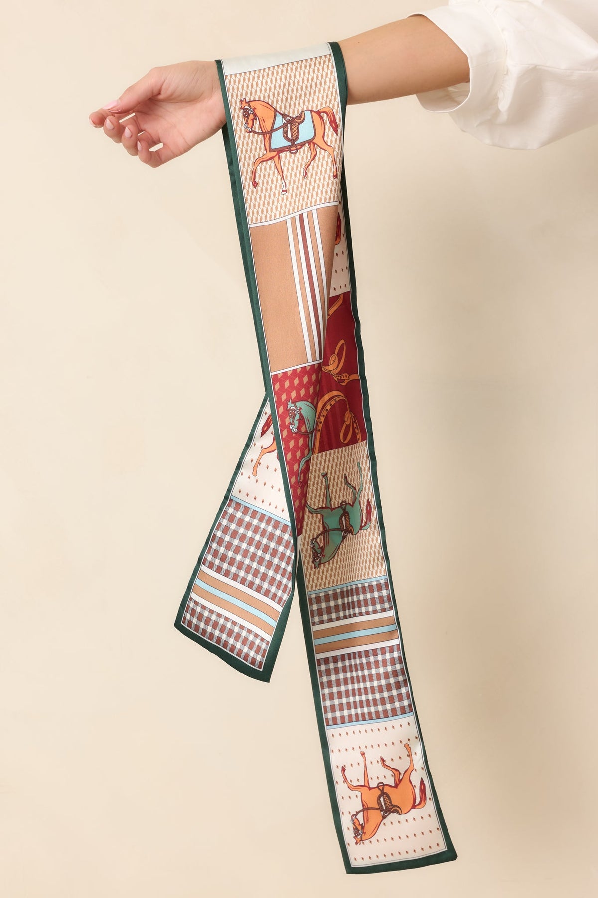A Patchwork Story Ivory Green Multi Equestrian Print Scarf