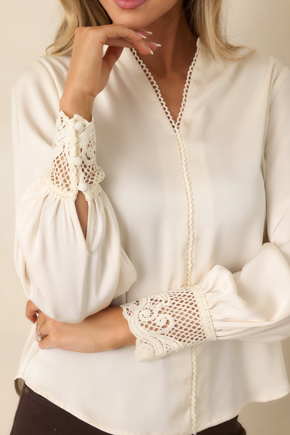 You Have My Word Ivory Lace Cuff Satin Blouse