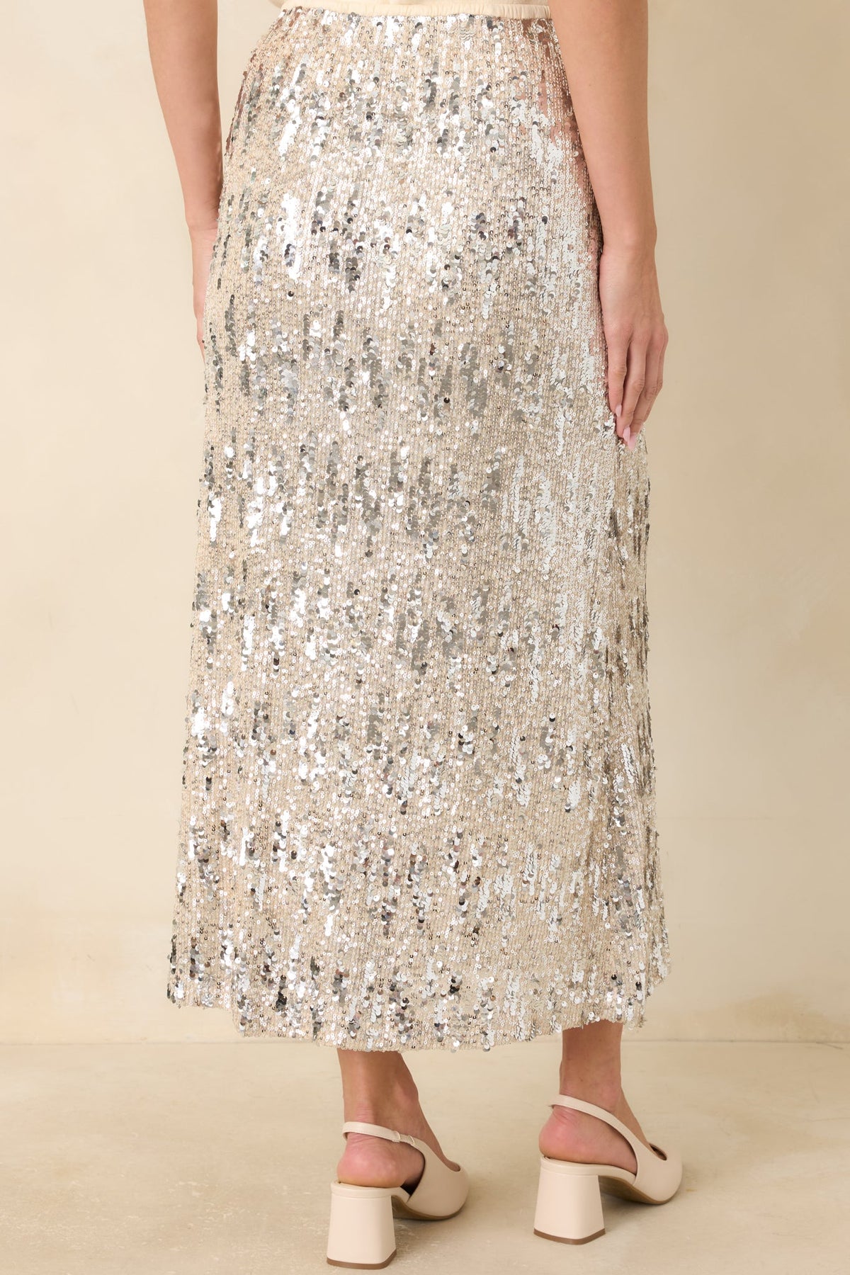A Sparkling Conversation Silver Sequin Midi Skirt