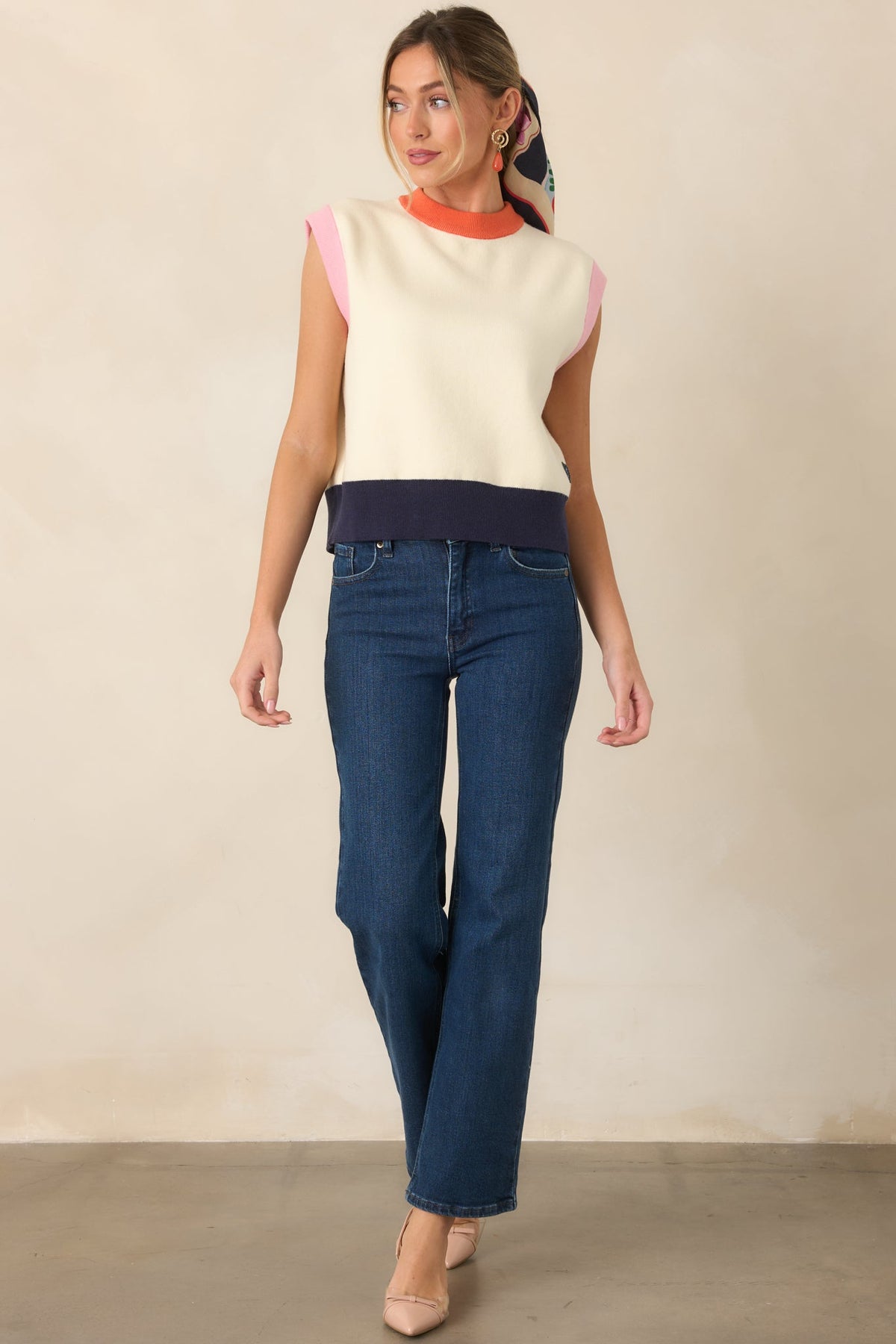FRNCH Mickle Ivory Contrast Hem Sleeveless Sweater