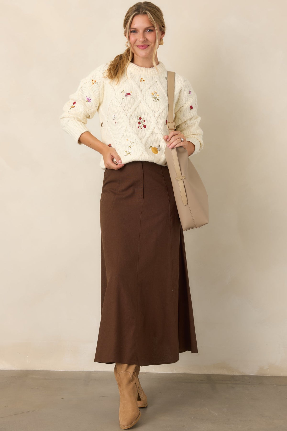 ASTR the Label Rose Ivory Embroidered Diamond Knit Sweater