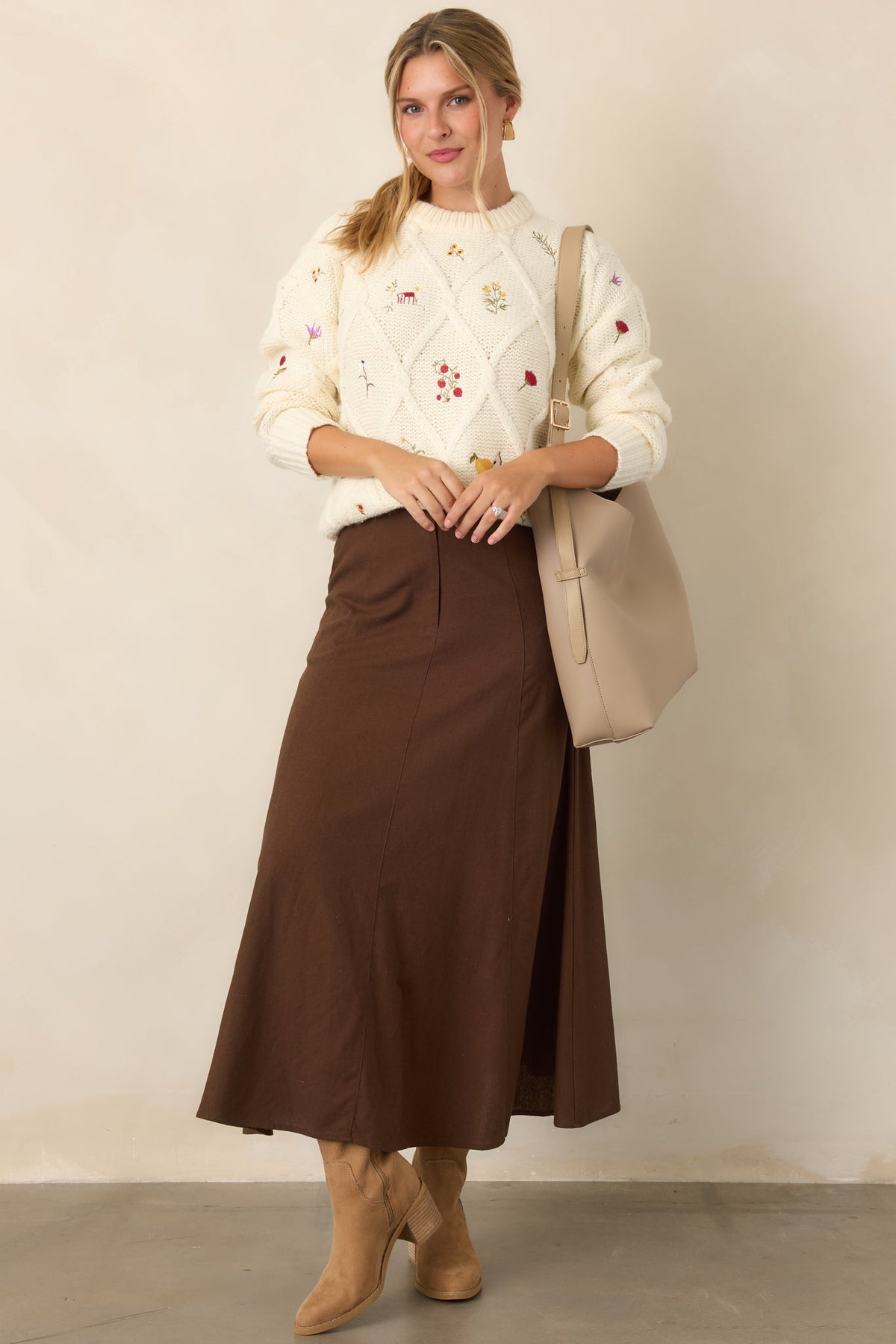 ASTR the Label Rose Ivory Embroidered Diamond Knit Sweater