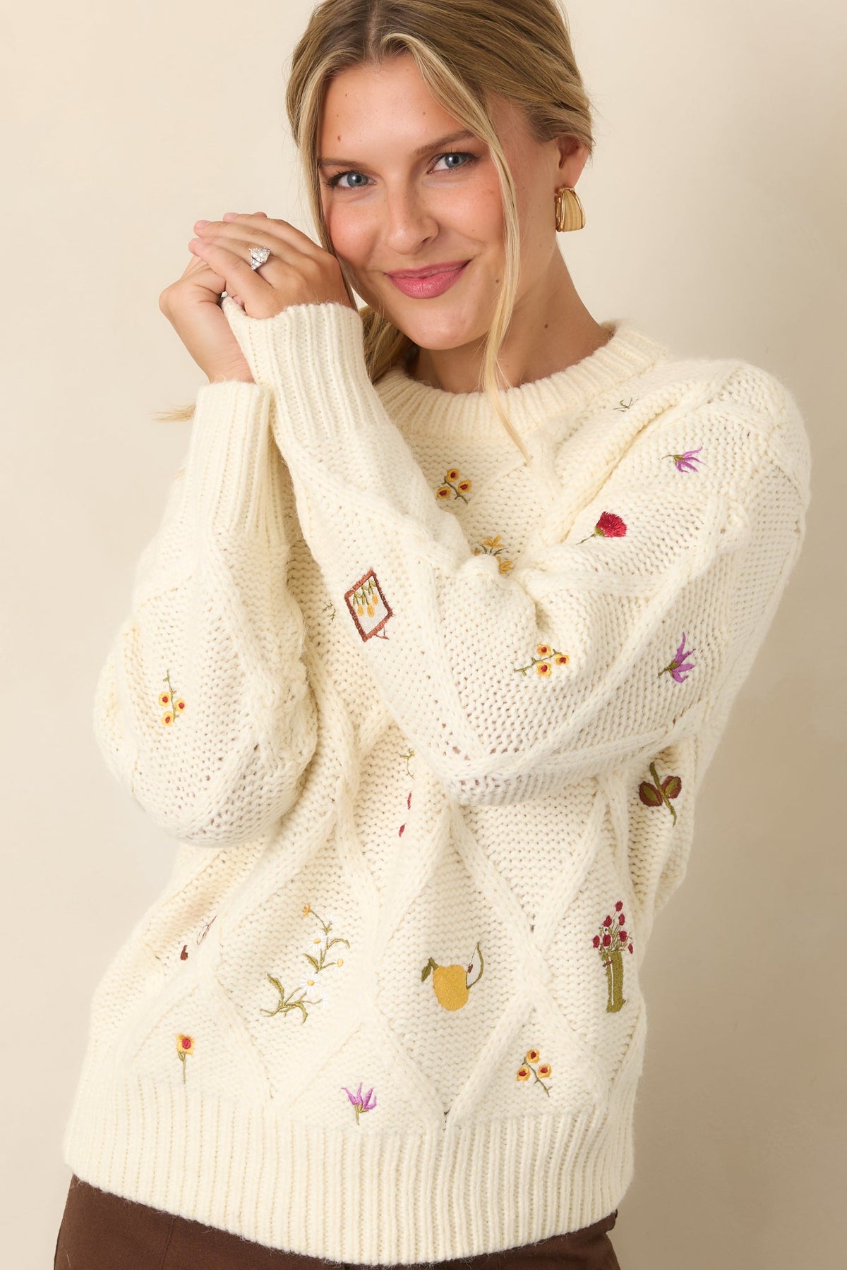 ASTR the Label Rose Ivory Embroidered Diamond Knit Sweater
