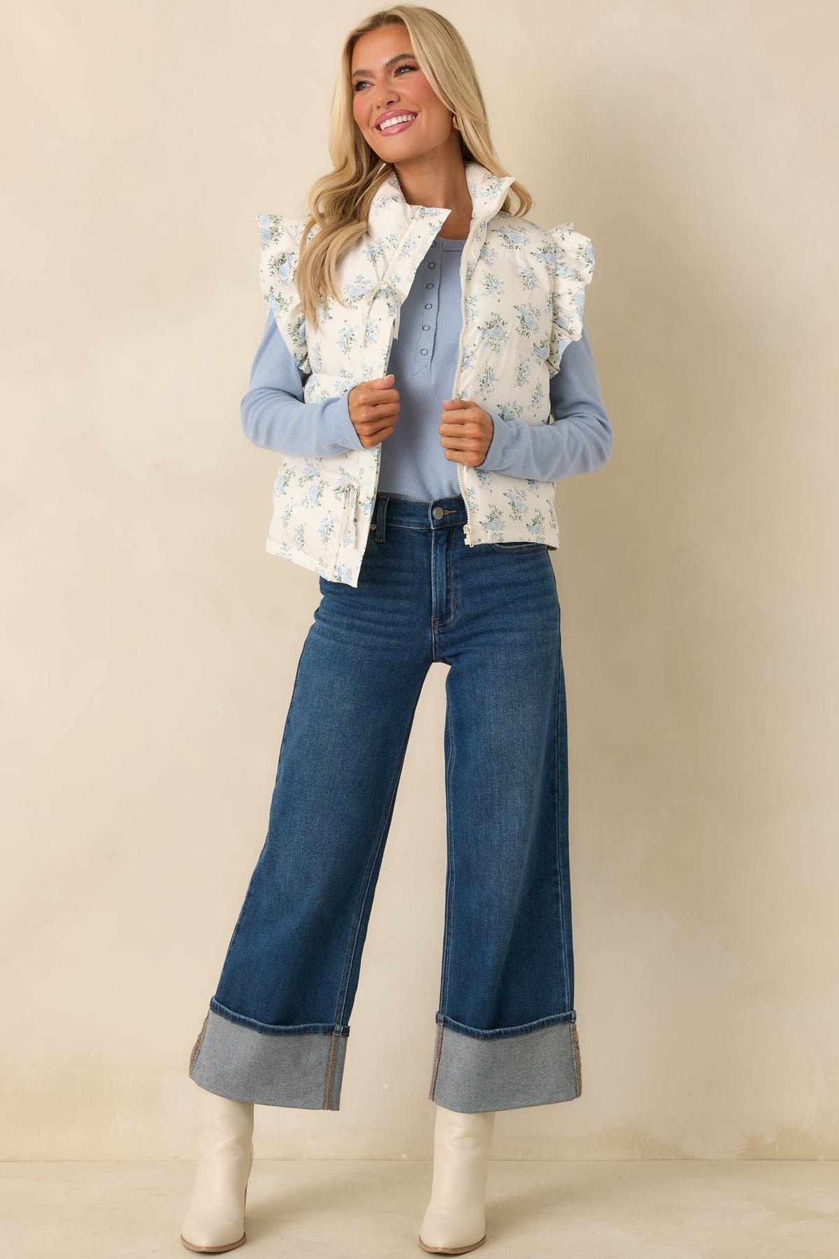 Glad You’re Here Ivory Multi Floral Pattern Puffer Vest