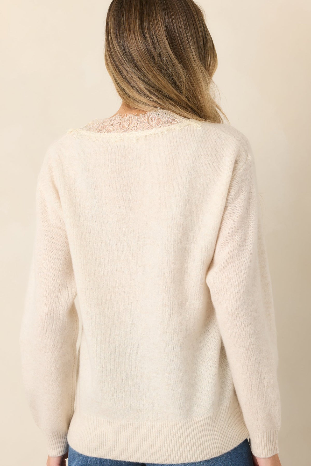 ASTR the Label Jadyn Ivory Wool Lace Trim V-Neck Sweater