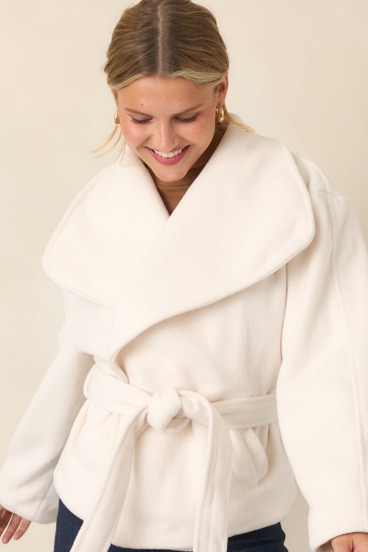 Nicole Ivory Plush Tie Belt Wrap Jacket