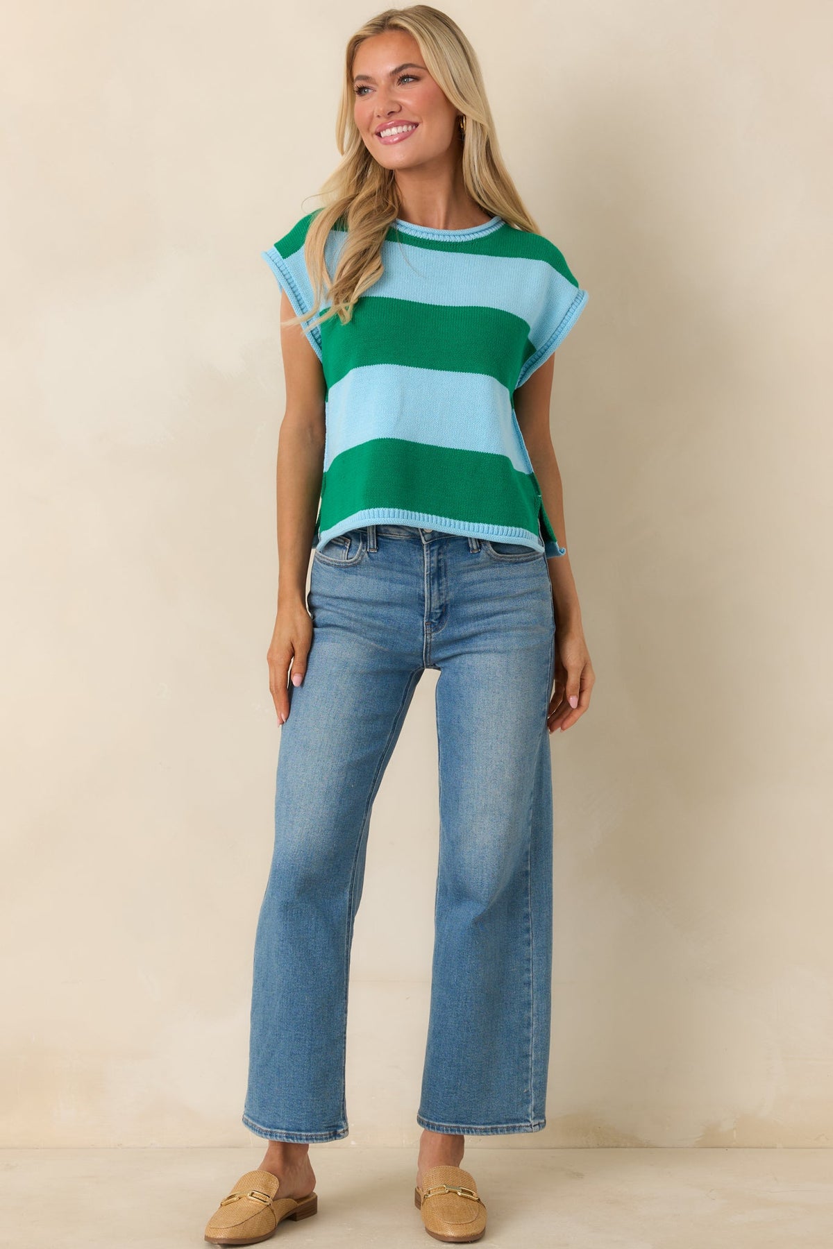 All In A Day Green & Light Blue Stripe Knit Top