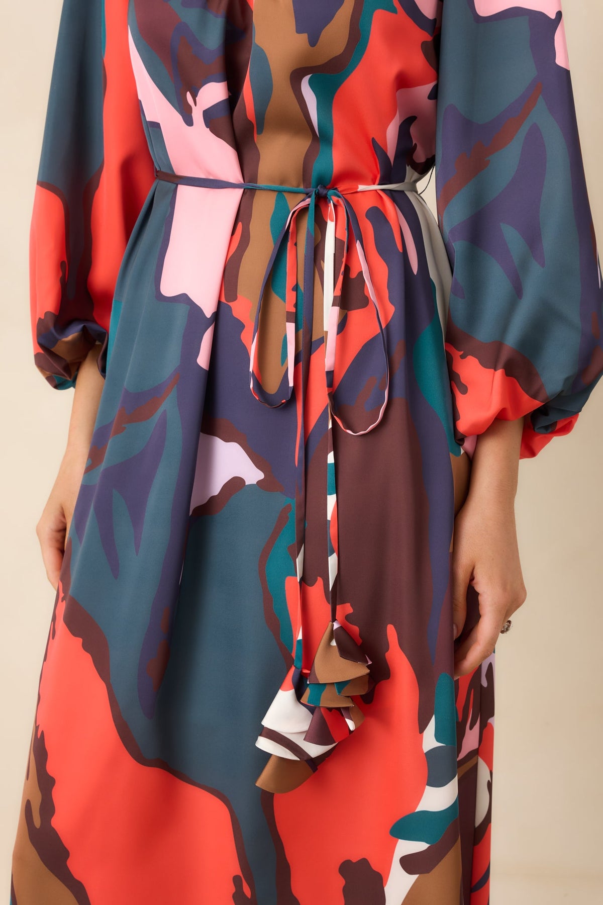 CROSBY Ryker Teal Multi Abstract Leaf Print Belted Midi Dress