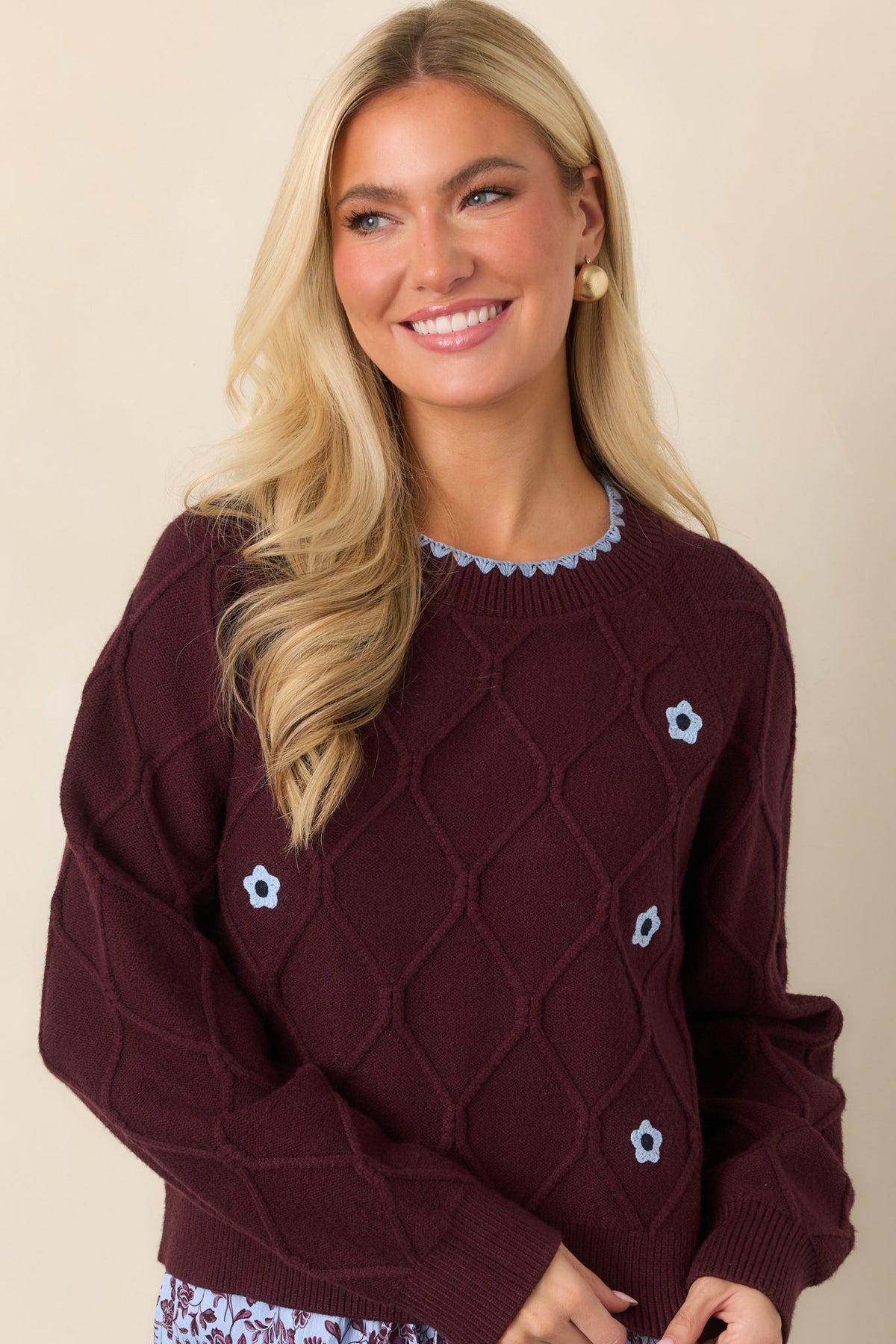 In Blooming Detail Burgundy Floral Textured Sweater