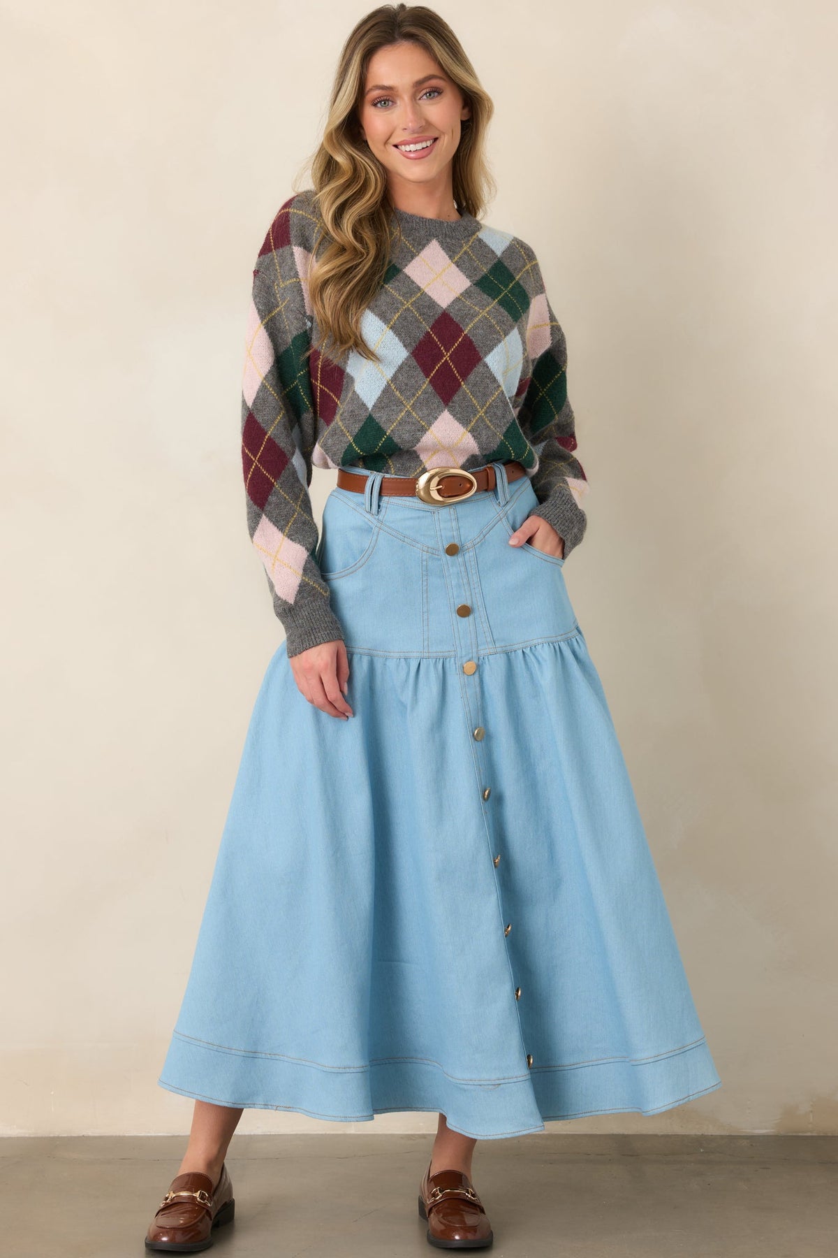 Town & Country Light Wash Denim Button-Down Maxi Skirt