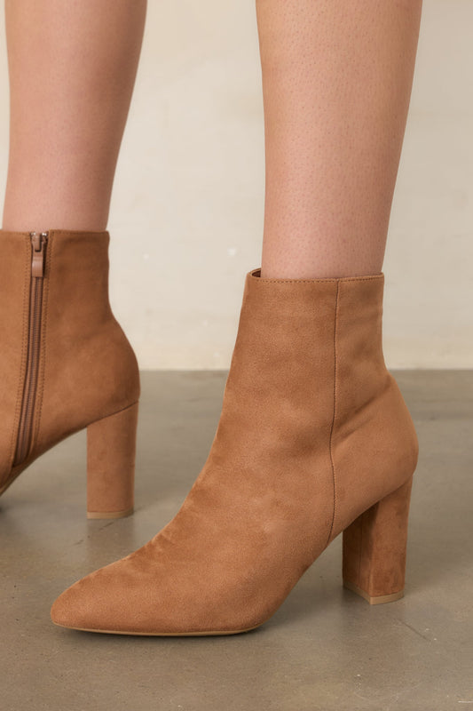 From Here On Toffee Brown Faux Suede Block Heel Ankle Boots